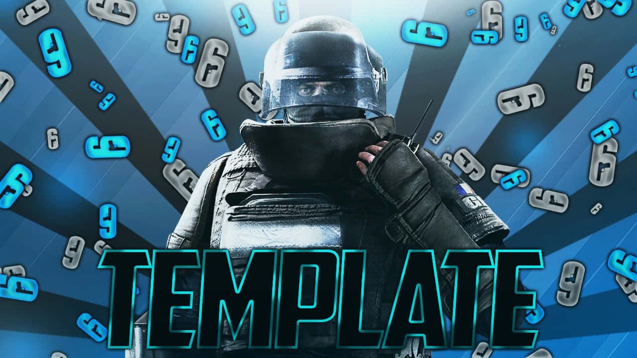 Rainbow Six Siege Rook 桌布 壁紙 — 一名身穿防暴裝備的戰術士兵站在藍色放射狀背景前，背景上有浮動數字和粗體的TEMPLATE字樣。
