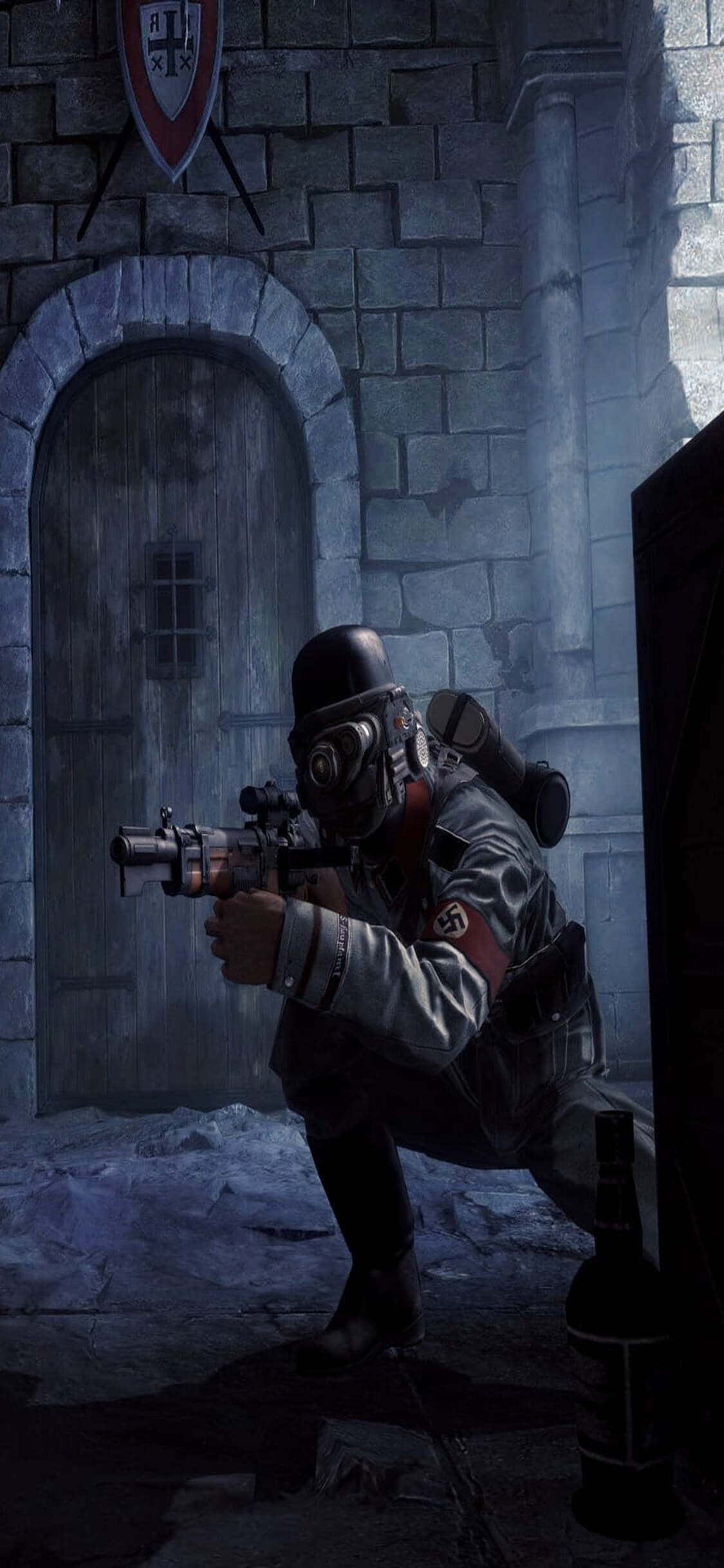 iPhone Xs Wolfenstein Ii 桌布 壁紙 — 一名身穿防毒面具和軍服的士兵在昏暗的石頭城堡庭院中蹲下瞄準步槍。
