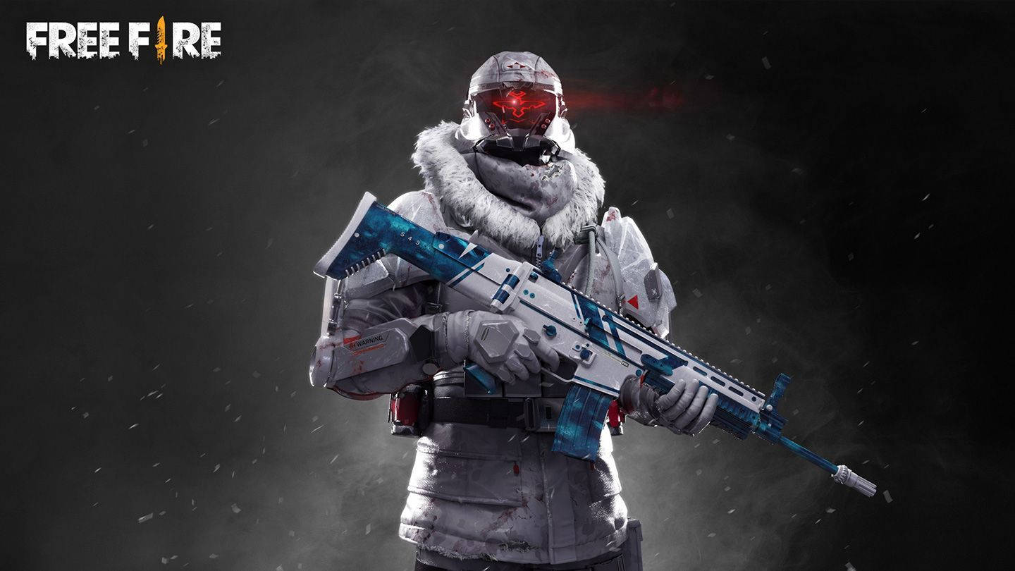 Garena 桌布 壁紙 — 一名身穿雪地冬季戰鬥服、擁有發光紅眼和藍色武器的士兵，站在黑暗風暴背景前。