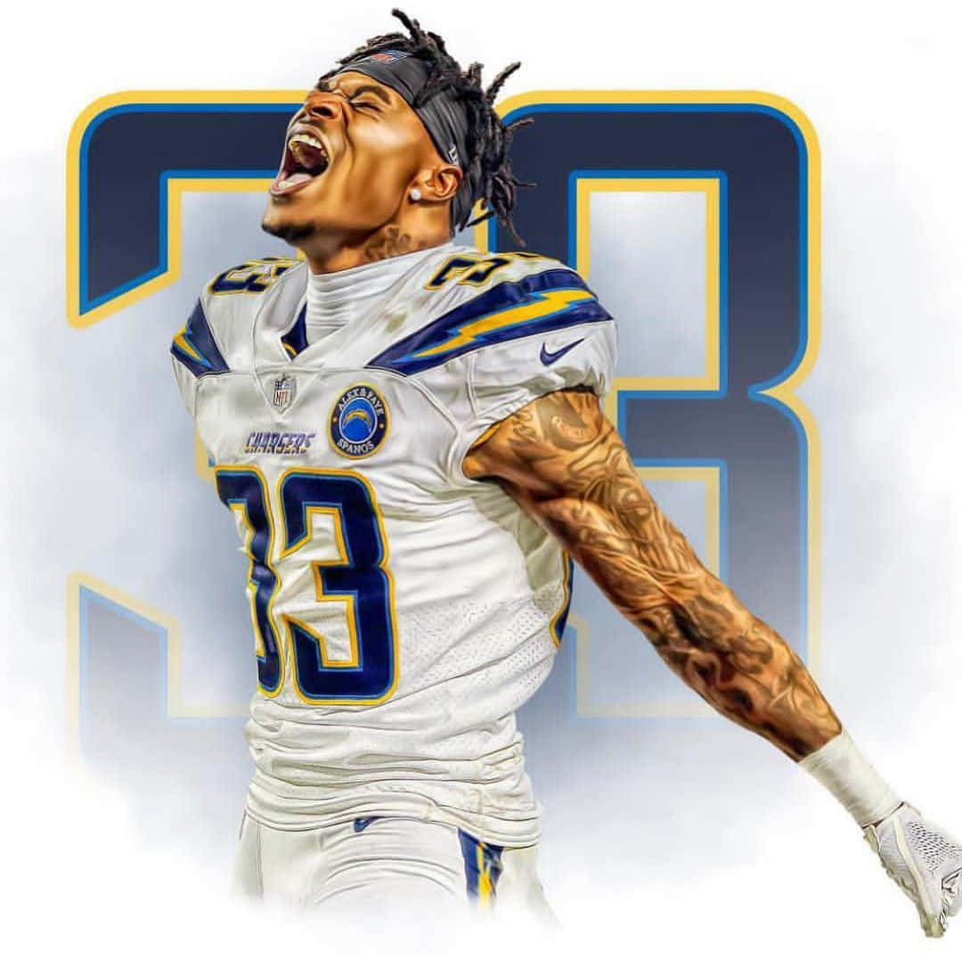 NFL 桌布 壁紙 — 一名身穿電光隊球衣的足球員，在風格化的球隊標誌背景前，展示紋身手臂，發出勝利的怒吼。