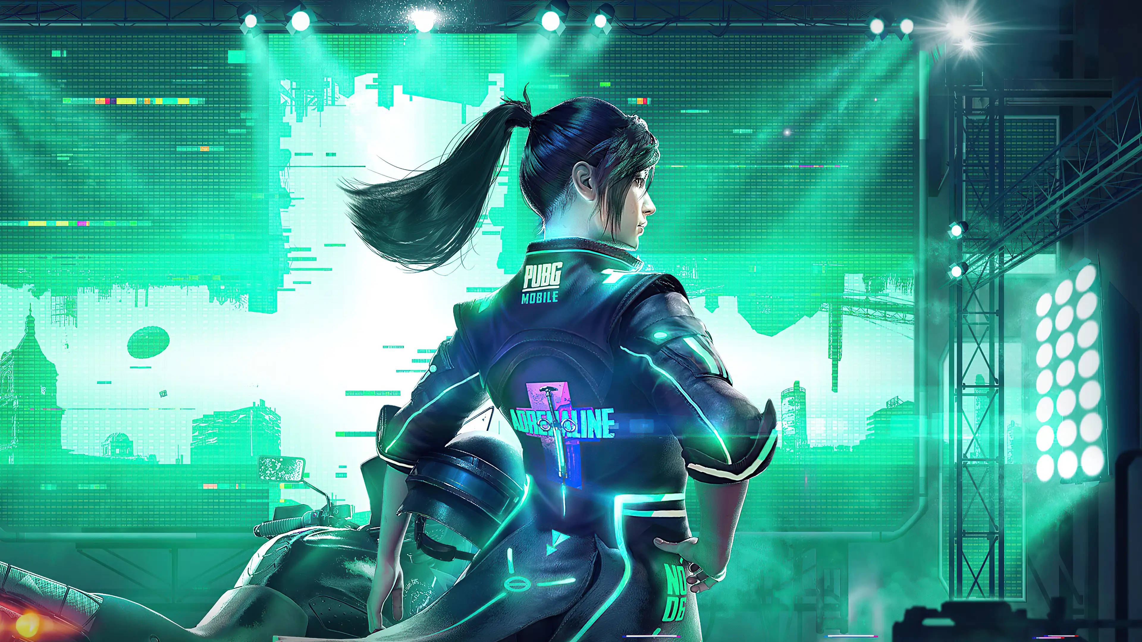 PC 遊戲 桌布 壁紙 — 一名身穿霓虹裝備的賽博龐克玩家站在舞台上，背景是發光的綠色燈光和數位城市景觀。