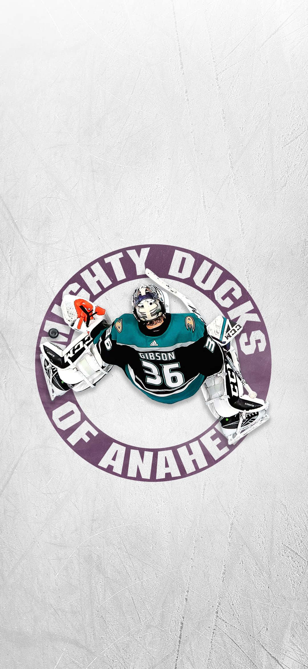 Anaheim Ducks 桌布 壁紙 — 一名身穿青綠色和黑色裝備的冰球守門員蹲在Mighty Ducks of Anaheim標誌內，背景為有紋理的白色背景。