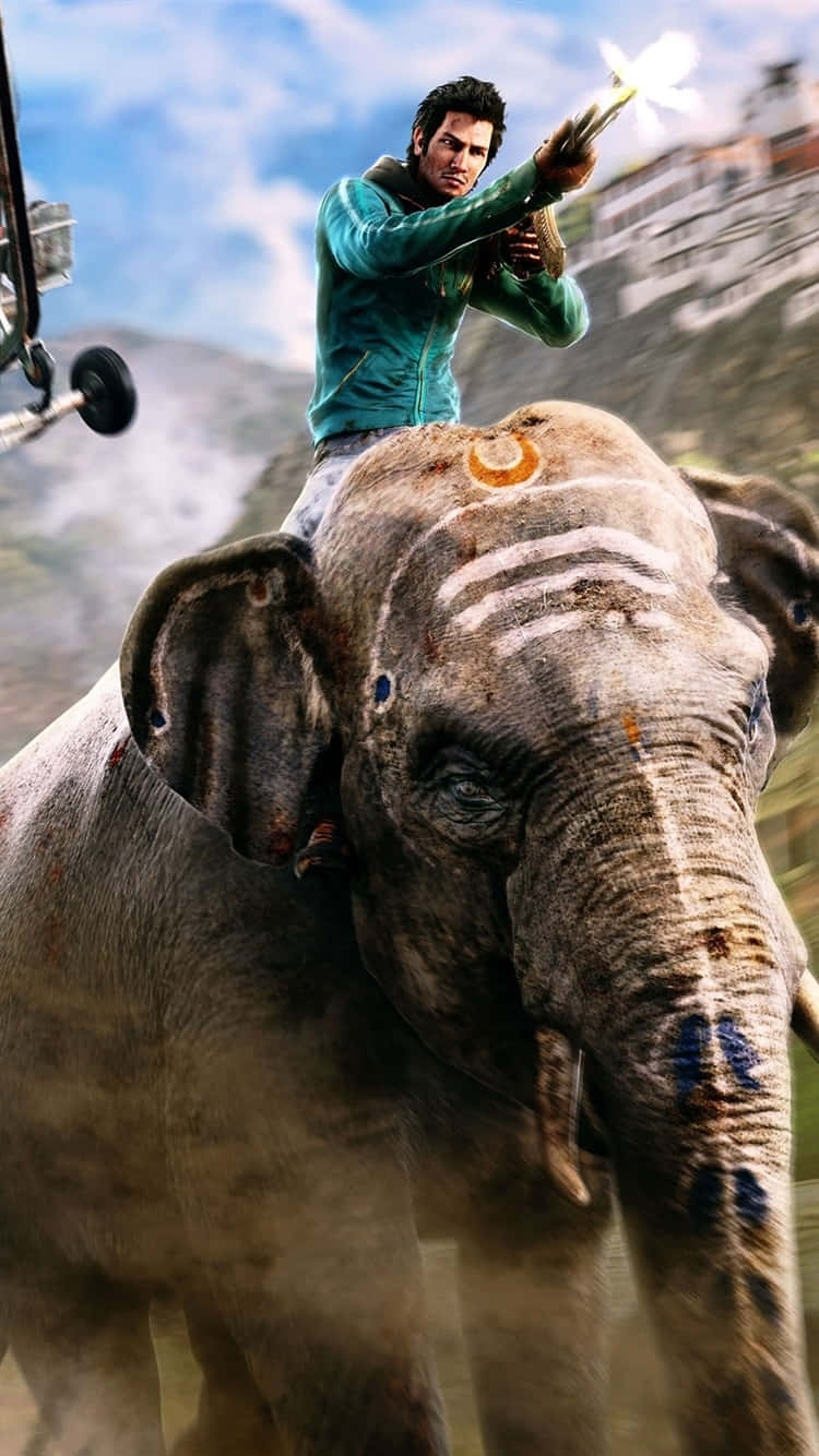 iPhone Xs Far Cry 3 桌布 壁紙 — 一名身穿青綠色外套的男子騎著一頭裝飾過的大象，在群山背景下發射信號彈。