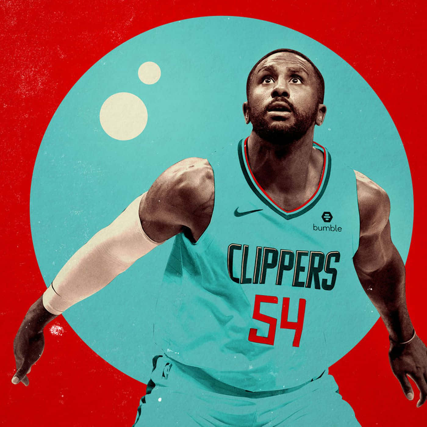 Aesthetic NBA 桌布 壁紙 — 一名身穿青綠色快艇隊球衣、號碼54的籃球運動員，在帶有青綠色圓形邊框的醒目紅色背景上動態站立。