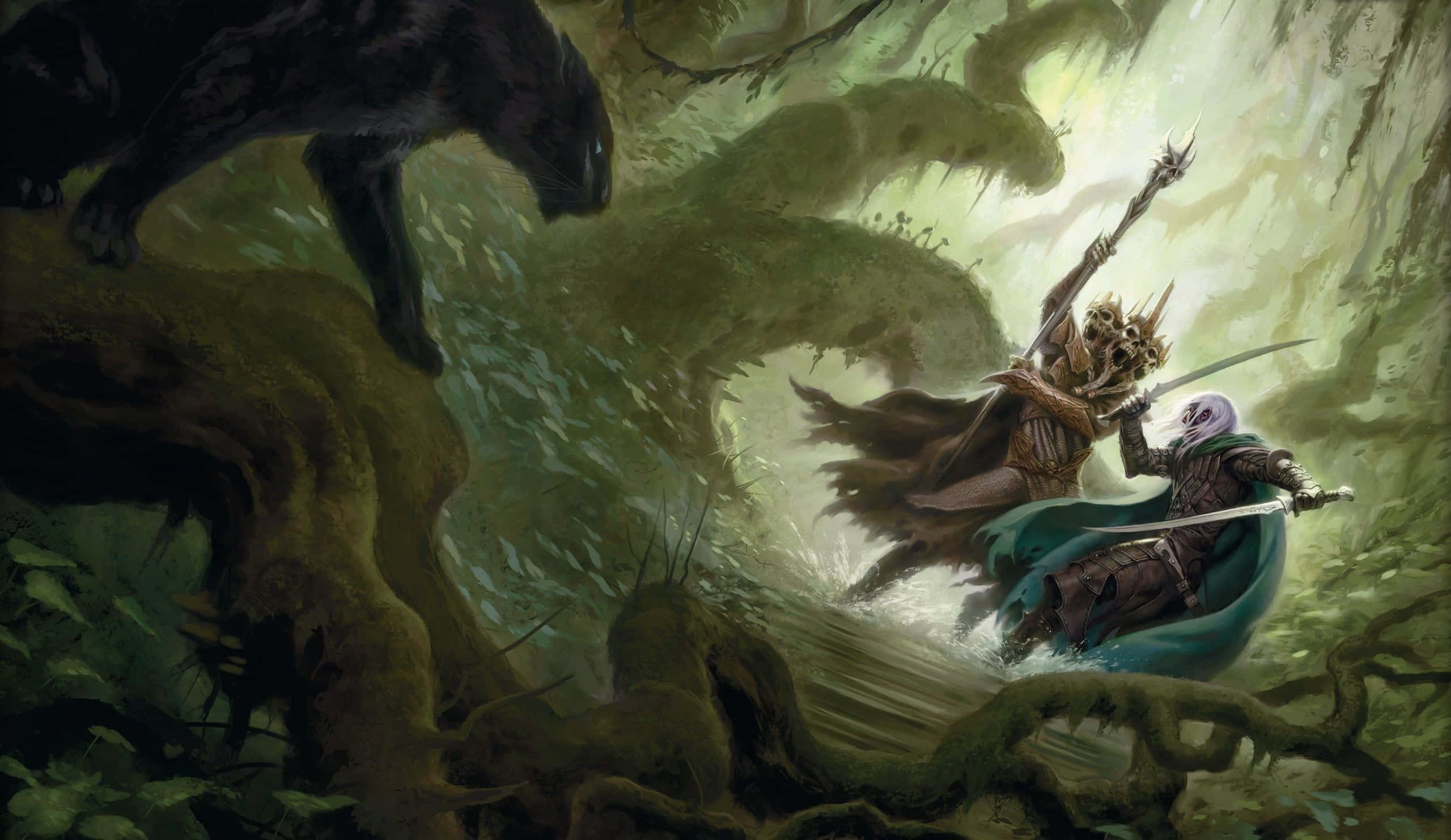 Dungeons And Dragons 桌布 壁紙 — 一名身穿青綠色斗篷的戰士，在扭曲、長滿苔蘚的森林中，與一個揮舞著帶刺法杖的骷髏身影戰鬥。