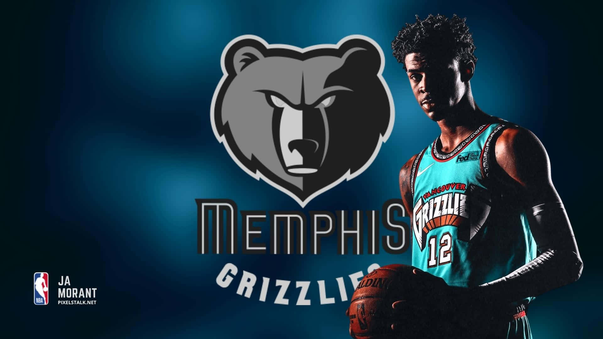 Ja Morant 動圖 桌布 壁紙 — 一名身穿青綠色曼菲斯灰熊隊球衣的籃球運動員，在帶有球隊標誌的深藍色漸變背景前持球。