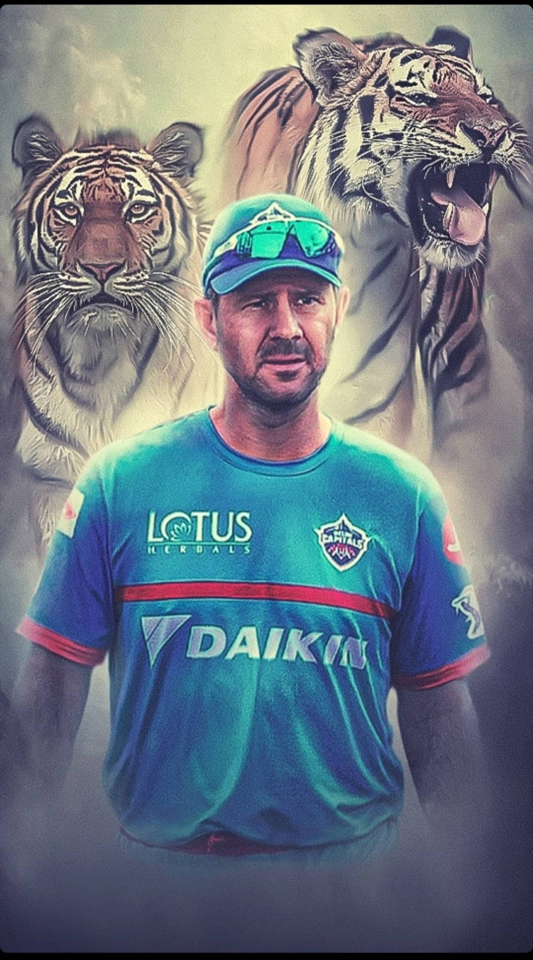 Delhi Capitals 桌布 壁紙 — 一名身穿青綠色球衣的板球運動員站在兩隻咆哮的老虎前，背景為戲劇性的插圖風格。