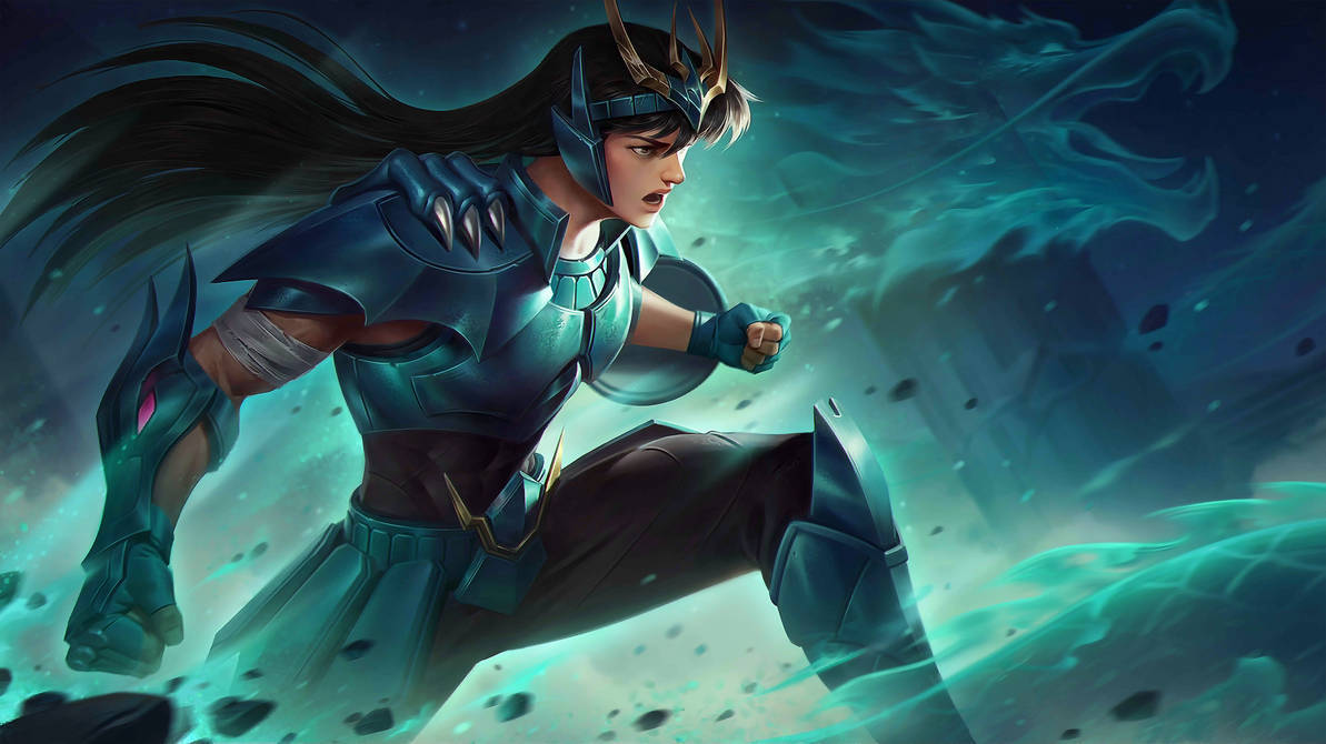 Mobile Legends 動態圖 桌布 壁紙 — 一名身穿青綠色盔甲的戰士，在黑暗神秘的環境中，飄逸的頭髮和發光的能量在周圍旋轉，向前猛衝。