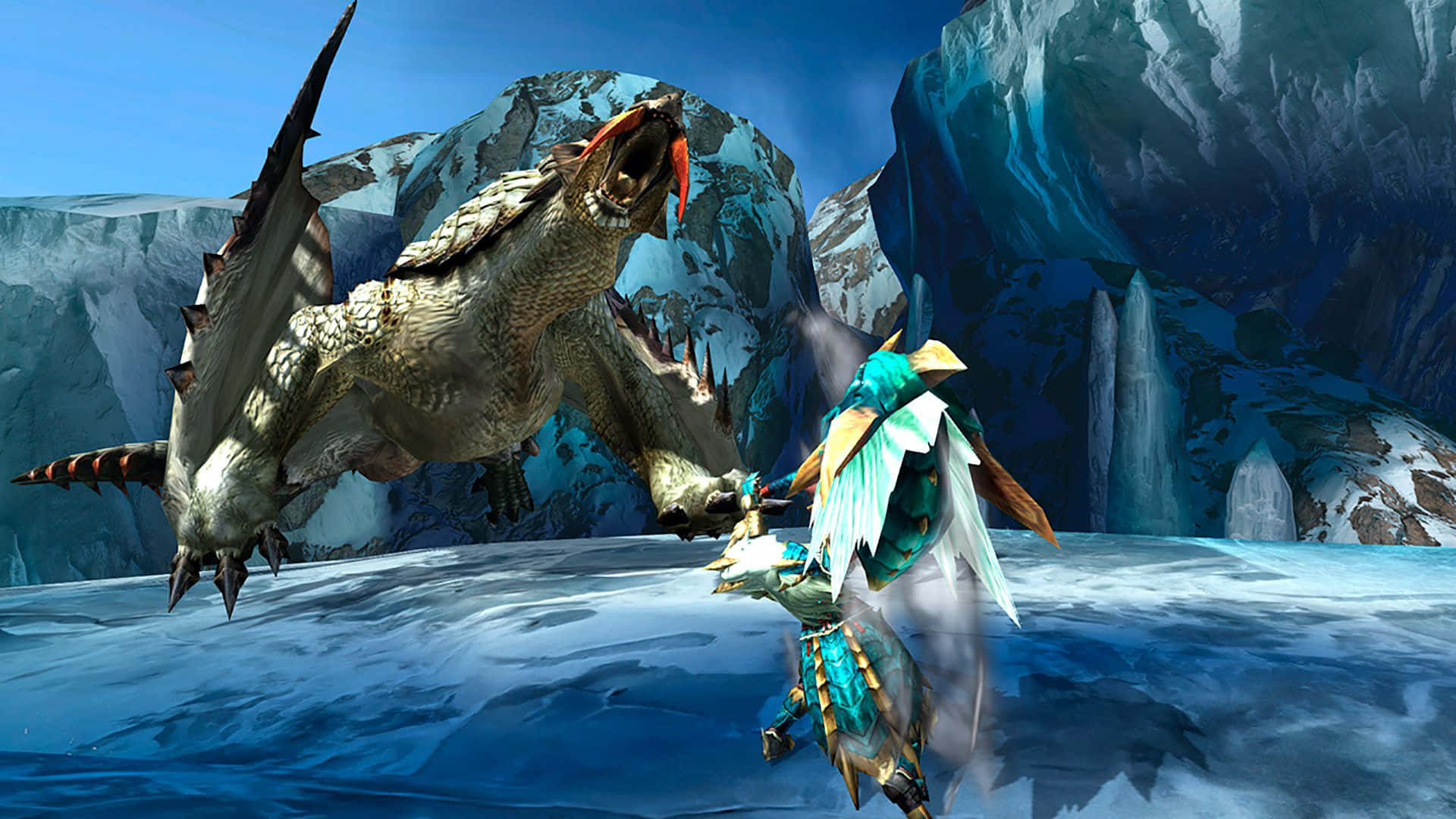 Monster Hunter Desktop 桌布 壁紙 — 一名身穿青綠色盔甲的獵人在白雪覆蓋的懸崖和冰冷水域之間，在晴朗的藍天下與咆哮的冰龍戰鬥。