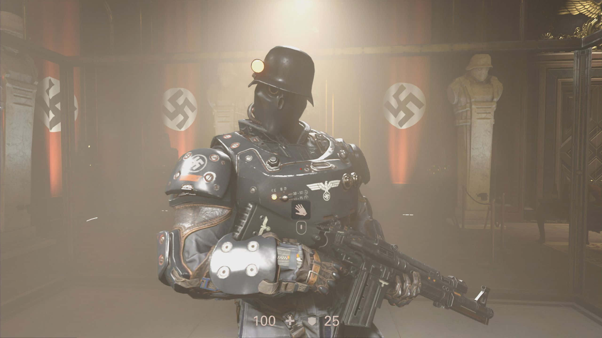 Wolfenstein Ii 桌布 壁紙 — 一名身穿頭盔和戰術裝備的重裝士兵站在光線昏暗的房間中，背景有卐字旗幟和雕像。