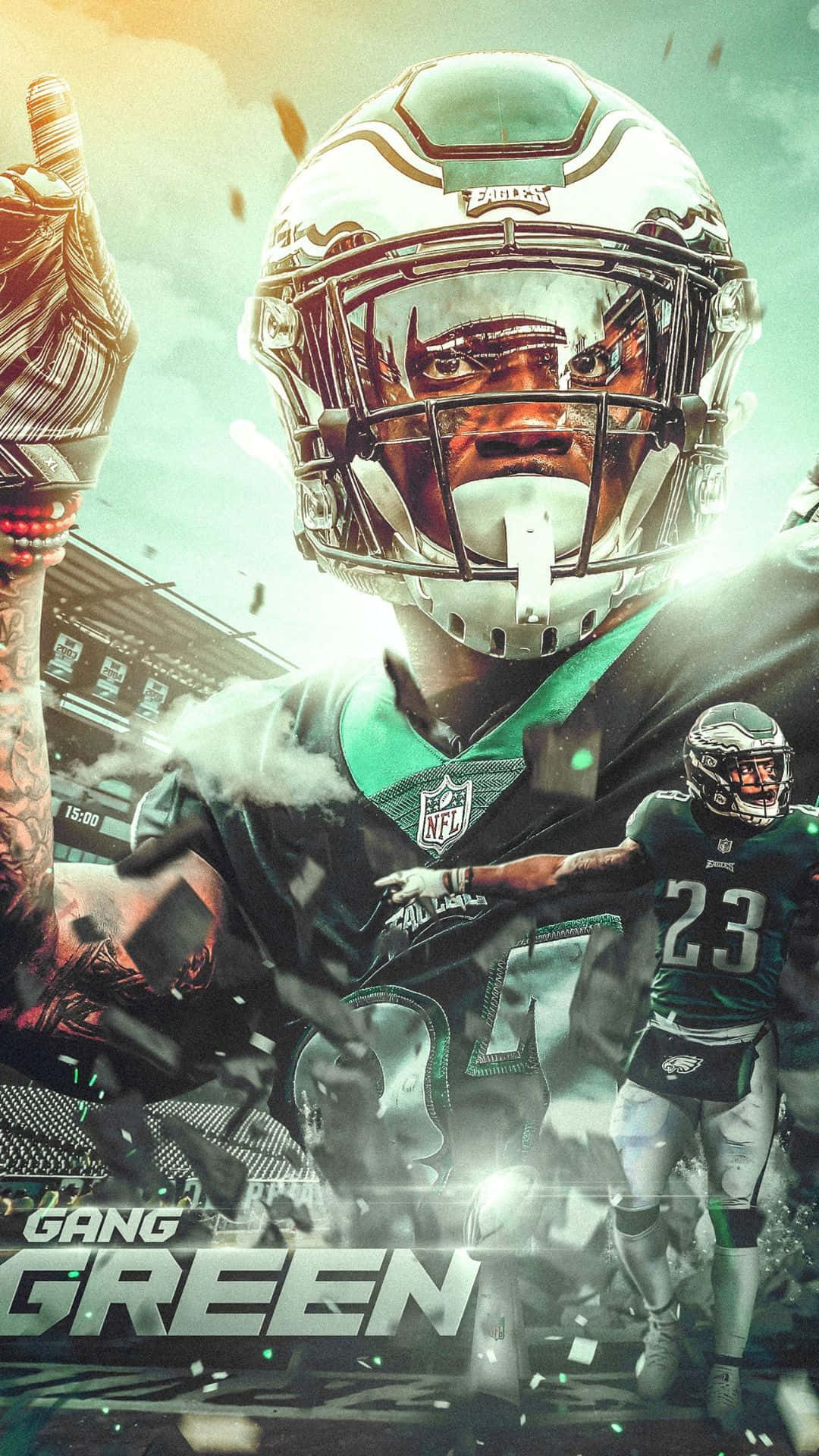 Eagles Football 桌布 壁紙 — 一名身穿頭盔和球衣的費城老鷹隊美式足球員，在煙霧和五彩紙屑爆發中咆哮向前。
