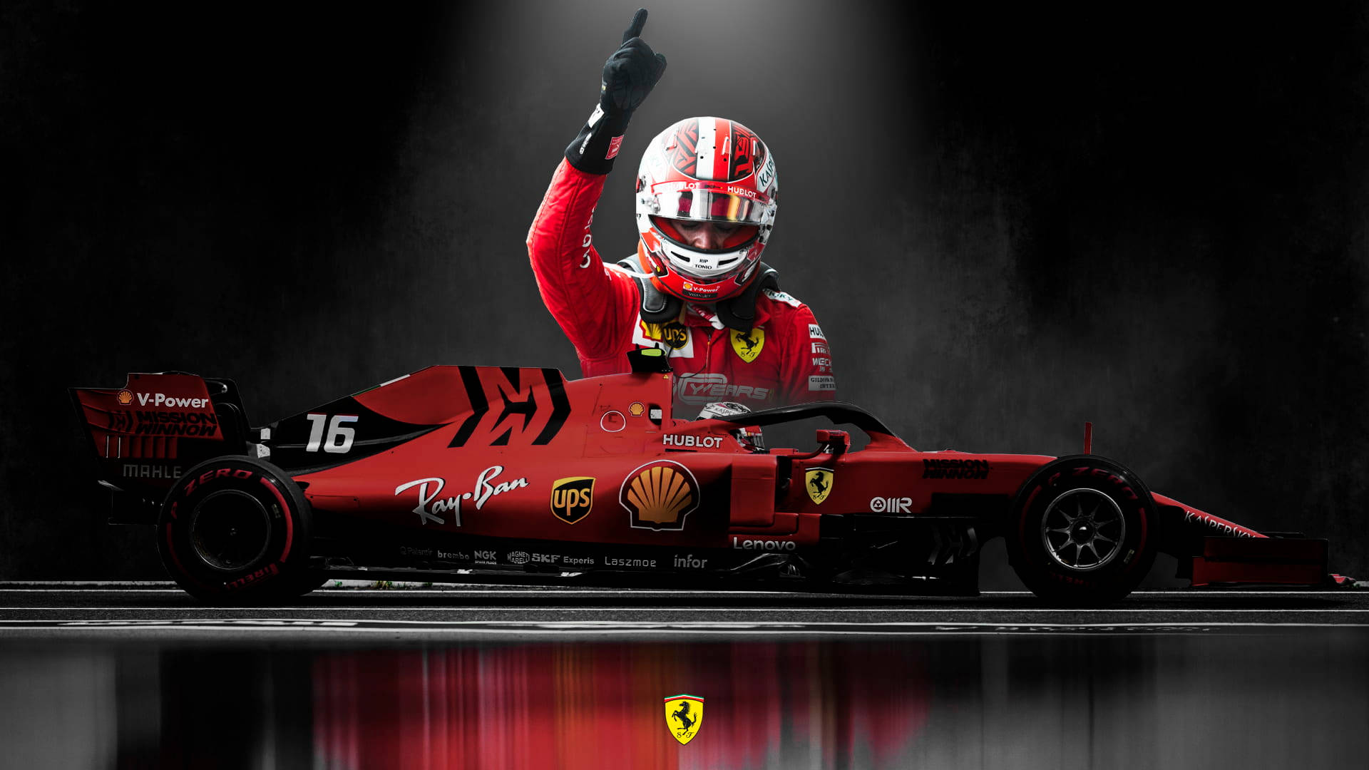 法拉利F1車手在賽道上舉起拳頭慶祝勝利。 — 紅色動圖 壁紙
