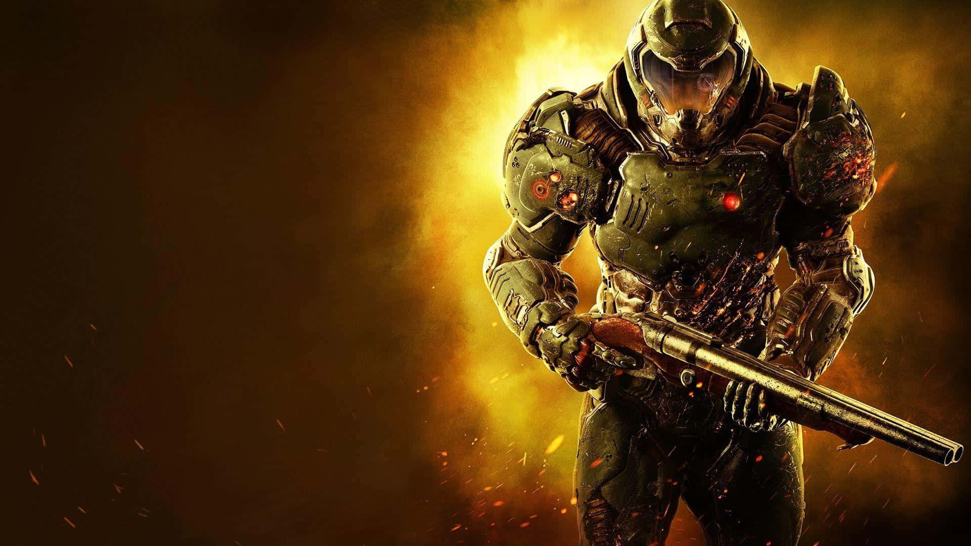 1920x1080 Doom 桌布 壁紙 — 一名身穿頭盔重甲的士兵，在火花四濺的橙黑火焰背景中揮舞著霰彈槍。