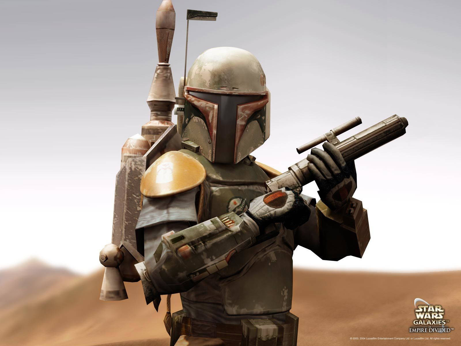 Boba 桌布 壁紙 — 一名身穿風化盔甲的曼達洛戰士站在沙漠中，手持爆能槍，背景是沙塵暴。