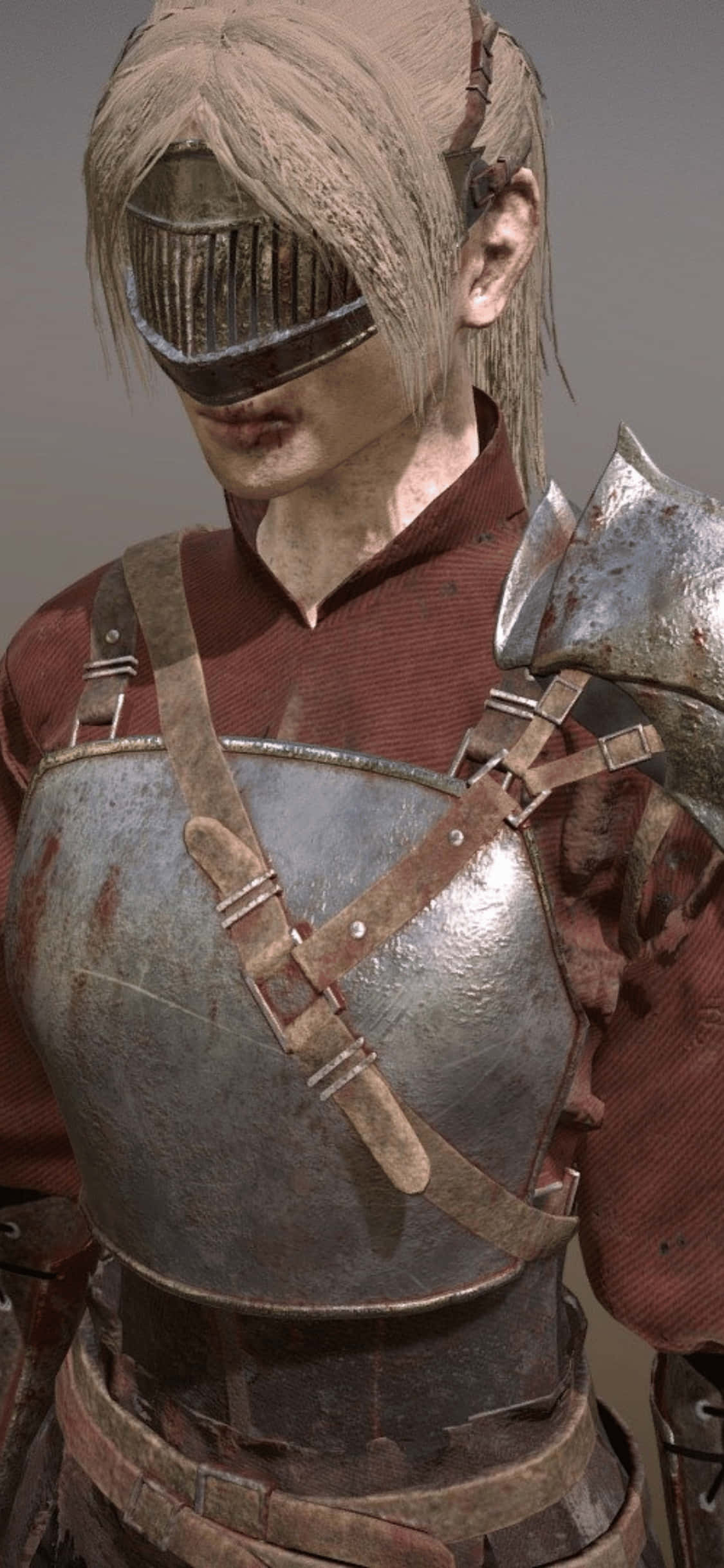 iPhone Xs Mordhau 桌布 壁紙 — 一名身穿風化金屬盔甲和帶刺眼罩的戰士，面無表情地站在中性灰色背景前。