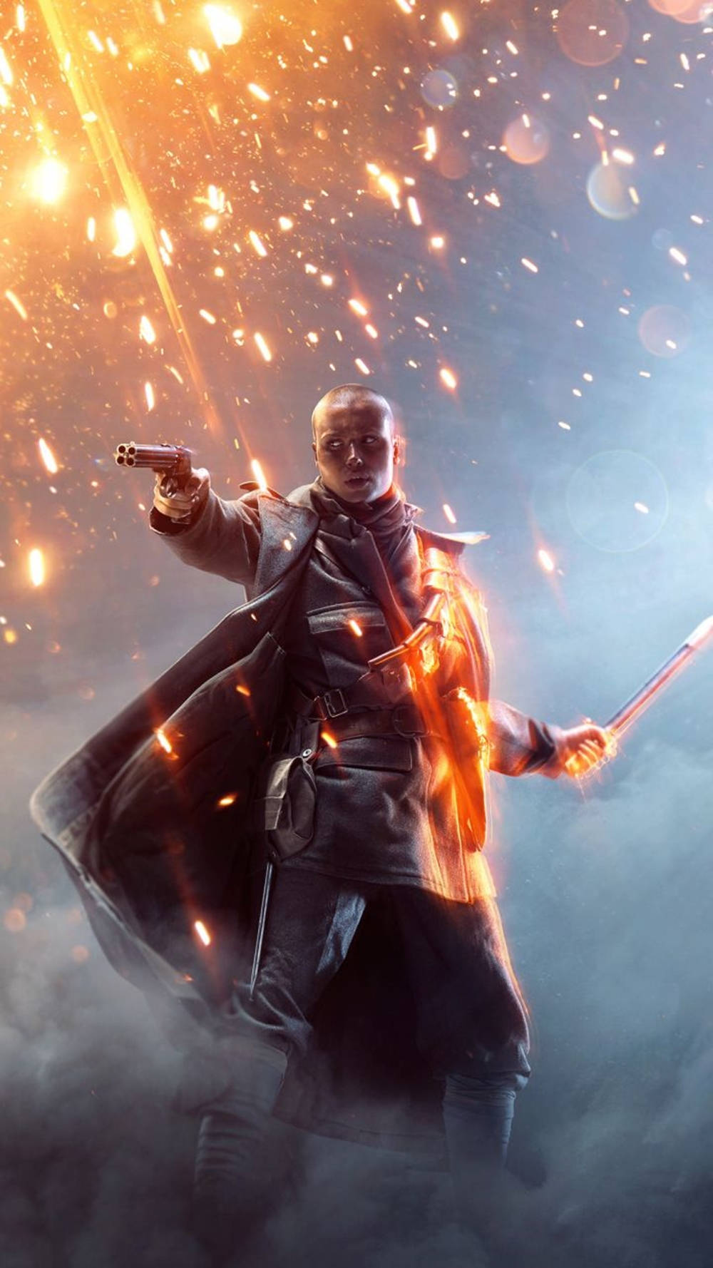 Battlefield 桌布 壁紙 — 一名身穿風衣的戰士開槍射擊，火花四濺，營造出戲劇性的電影場景。