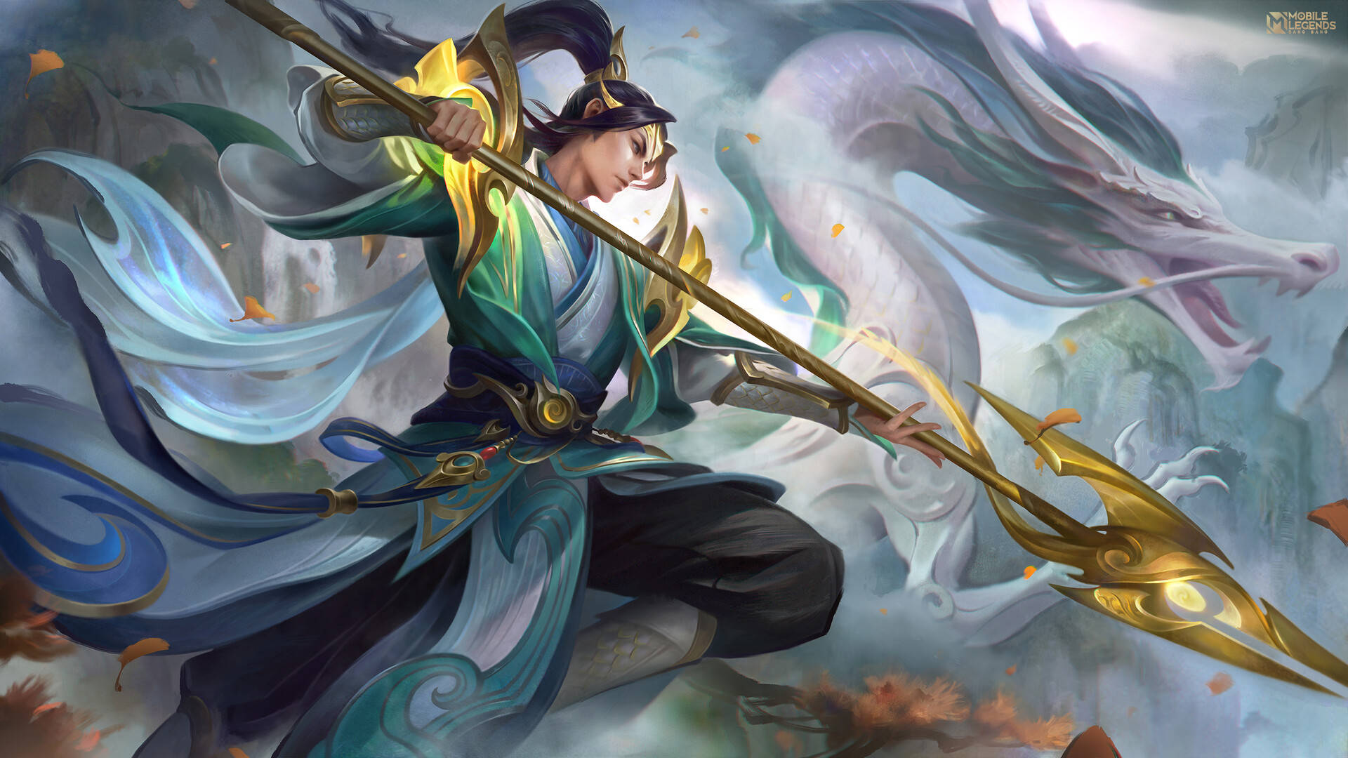 heroes 桌布 壁紙 — 一名身穿飄逸綠色和金色長袍的戰士，在旋轉的迷霧和秋葉中揮舞長矛，對抗一條威嚴的白龍。