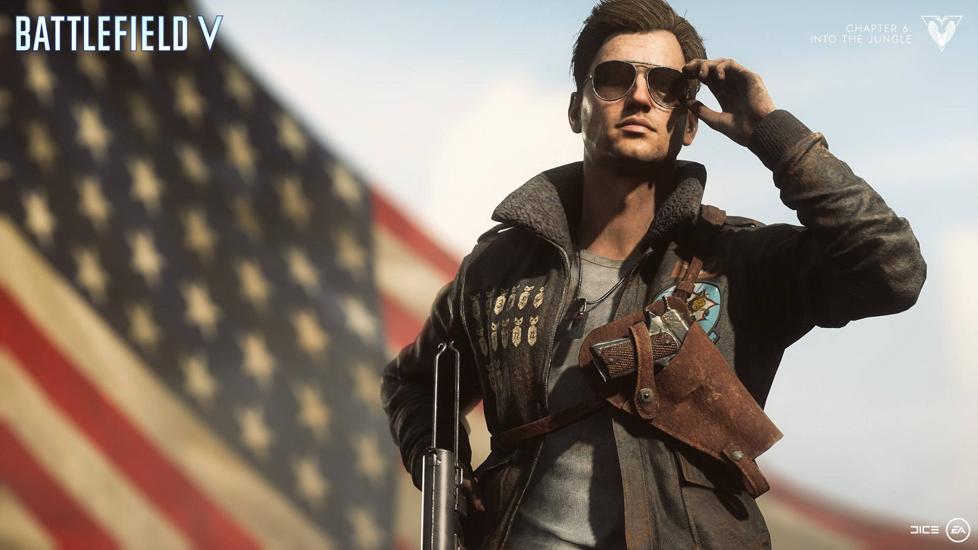 Battlefield 5 桌布 壁紙 — 一名身穿飛行員裝備的士兵在晴朗天空下，以飄揚的美國國旗為背景調整太陽眼鏡。