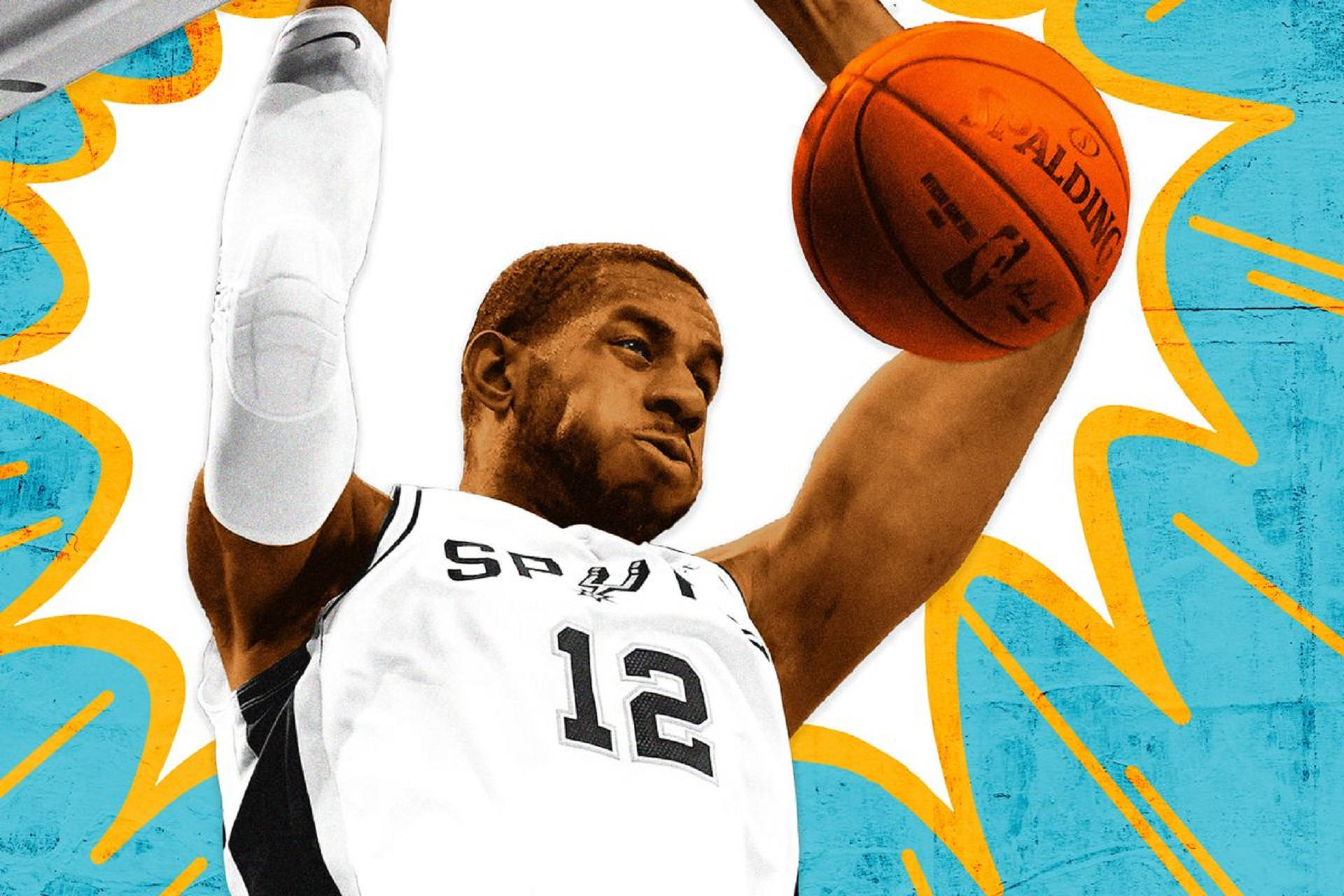 Lamarcus Aldridge 桌布 壁紙 — 一名身穿馬刺球衣的籃球運動員在充滿活力的藍黃色塗鴉風格背景上灌入Spalding籃球。