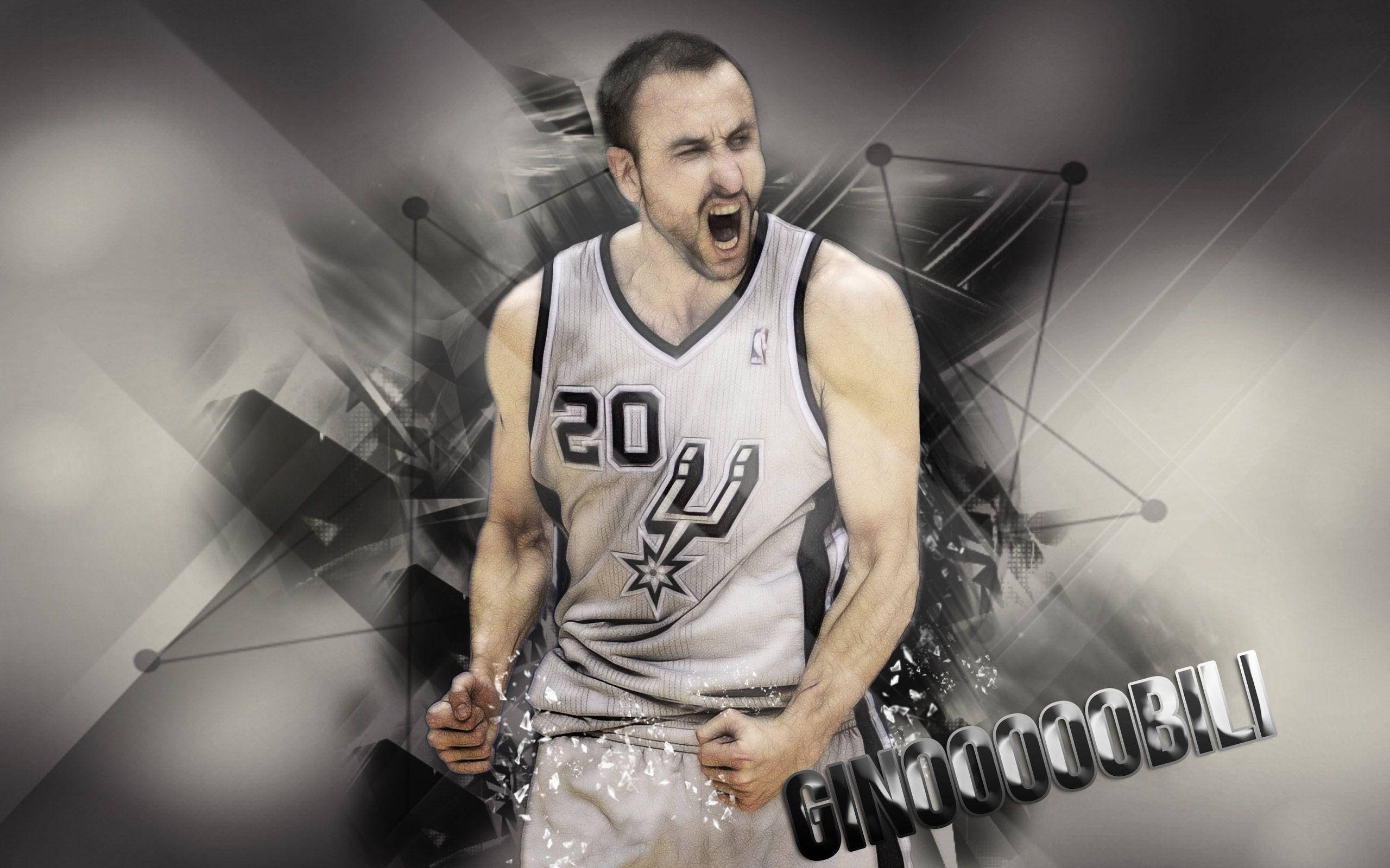 Manu 桌布 壁紙 — 一名身穿馬刺隊球衣的籃球運動員，在充滿動感的抽象背景（帶有幾何碎片和粗體字「GINOOOOOBBILI」）前發出勝利的怒吼。