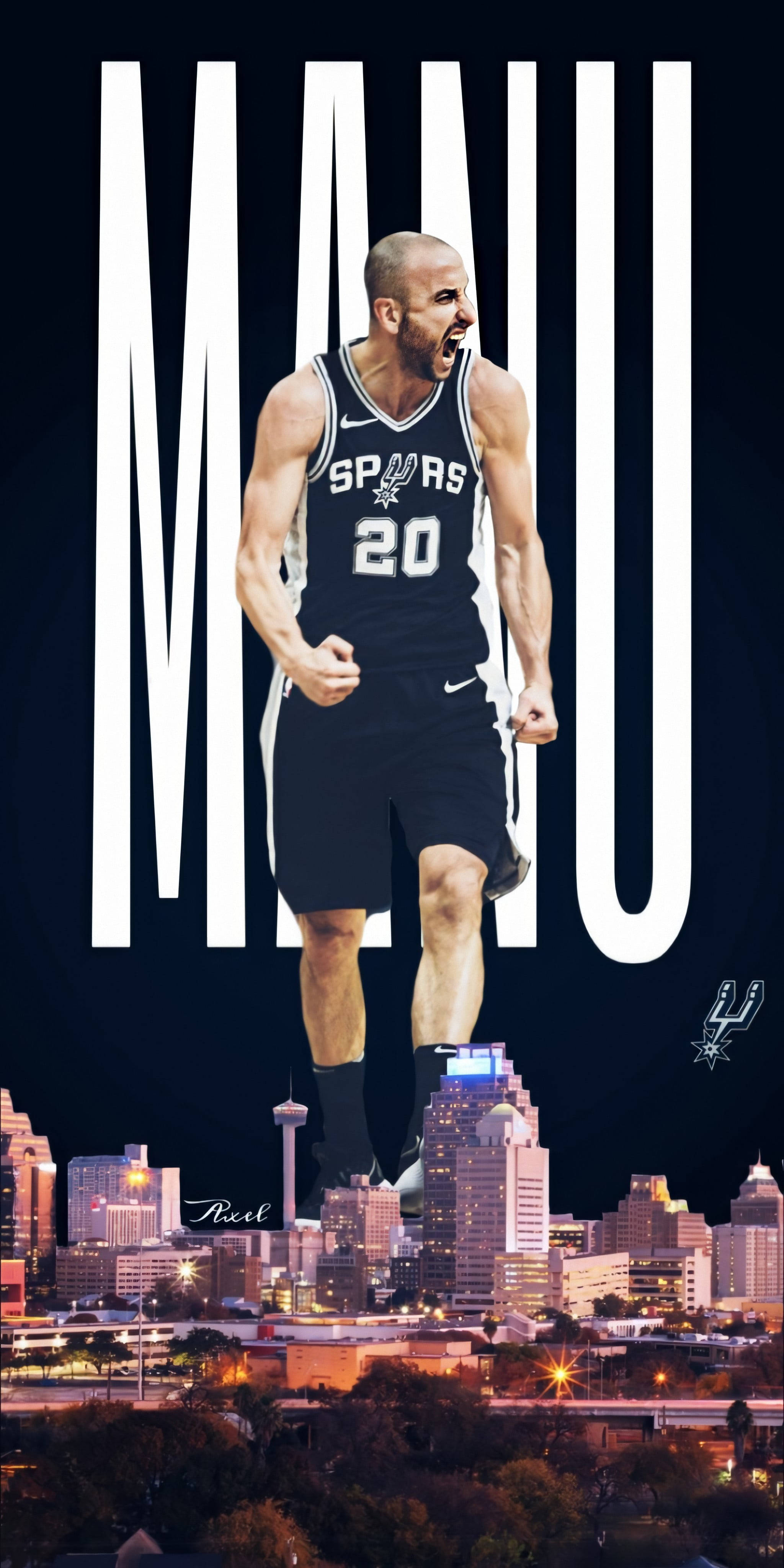 Manu 桌布 壁紙 — 一名身穿馬刺隊球衣的籃球運動員在明亮的城市景觀上方勝利跳躍，並有粗體白色字母 'MANU'。