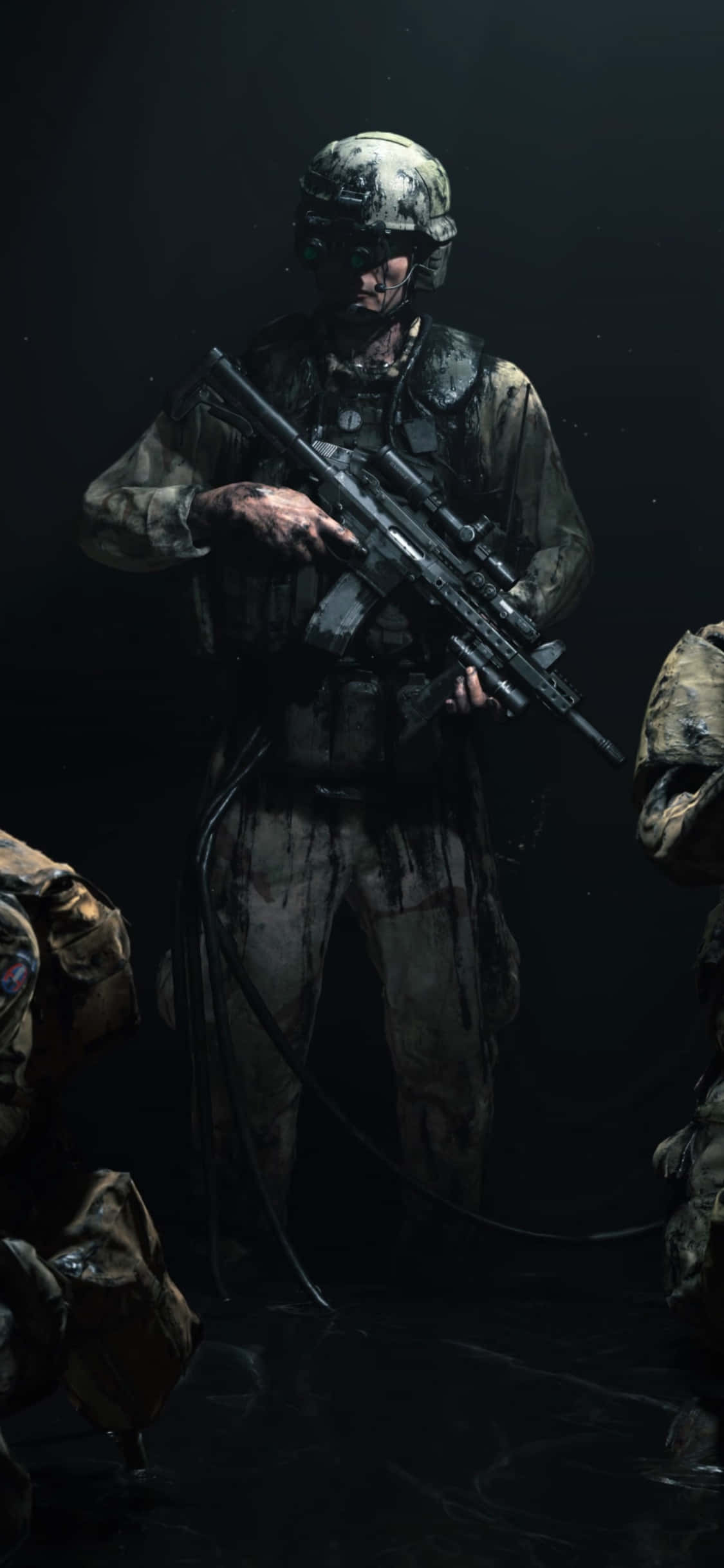 iPhone Xs Death Stranding 桌布 壁紙 — 一名身穿骯髒迷彩裝備的士兵在黑色背景下，於戲劇性的聚光燈下持步槍。