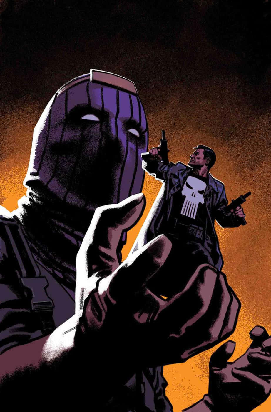 Baron Zemo 桌布 壁紙 — 一名身穿骷髏圖案外套的蒙面義警，在熾熱的橙色背景下，用槍瞄準一個高大的紫色面具人物。