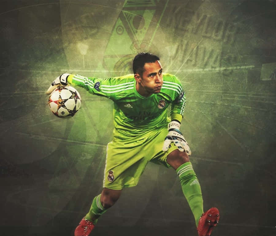 Keylor Navas 桌布 壁紙 — 一名身穿鮮綠色球衣的足球守門員，在粗糙紋理背景前動態飛撲接球。