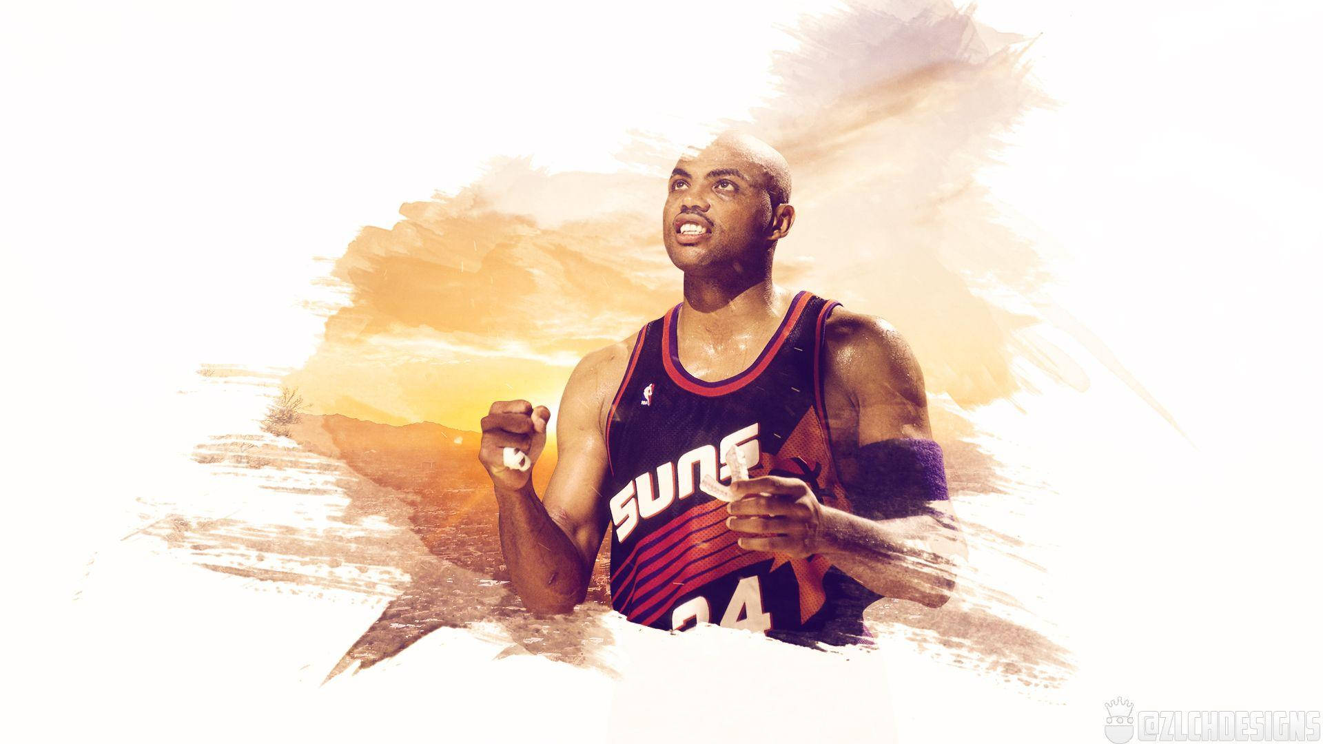 NBA 桌布 壁紙 — 一名身穿鳳凰城太陽隊球衣的籃球運動員在風格化的橙色和白色背景前緊握拳頭。