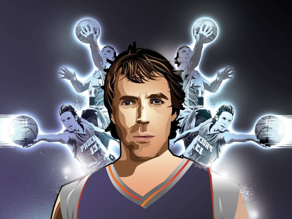 NBA 桌布 壁紙 — 一名身穿鳳凰城太陽隊球衣的籃球運動員直視前方，他投籃的發光動作照片在黑暗背景中環繞著他。