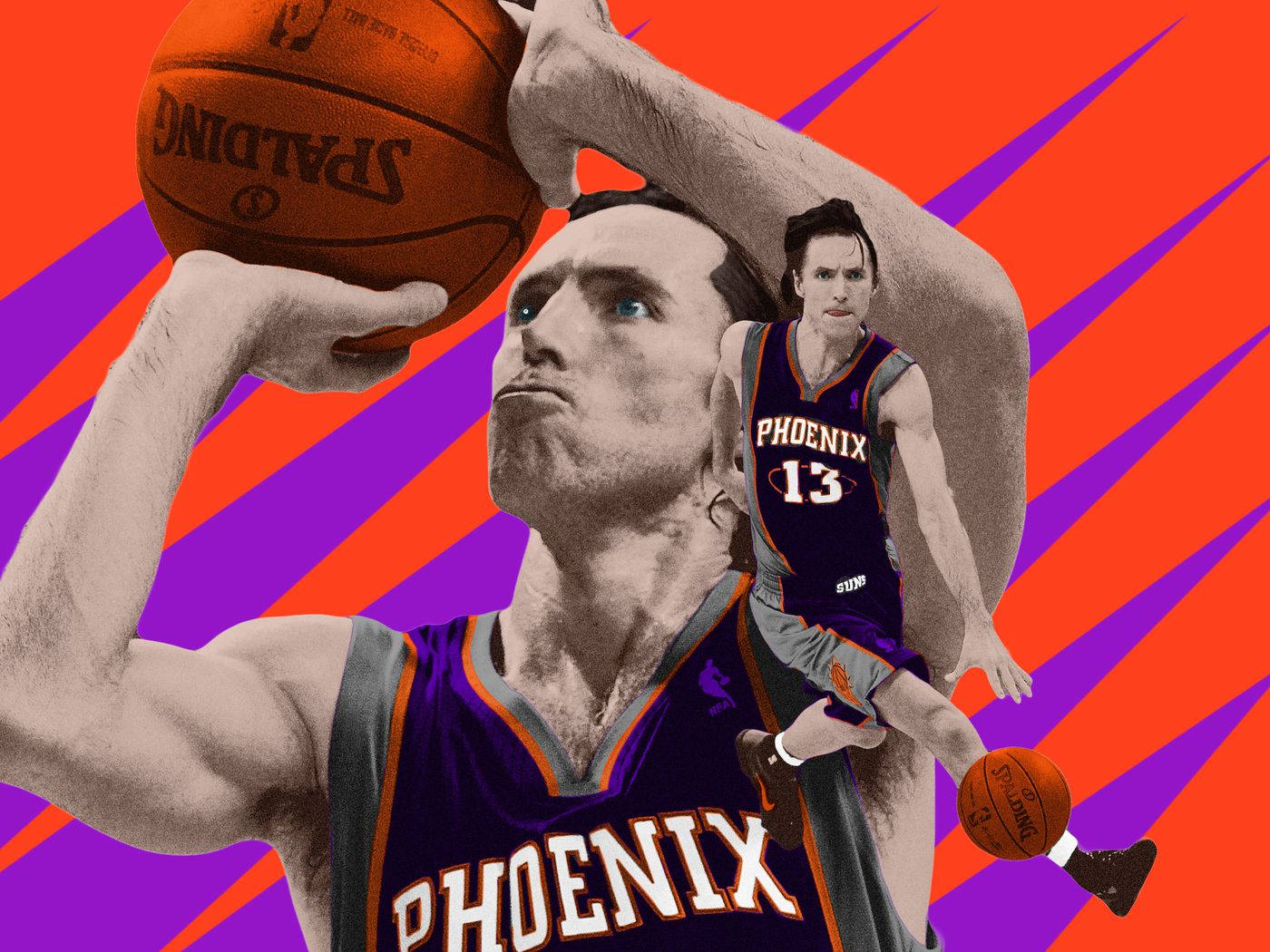 NBA 桌布 壁紙 — 一名身穿鳳凰城太陽隊球衣的籃球運動員，在充滿活力的橙色和紫色對角線背景前投擲斯伯丁籃球。