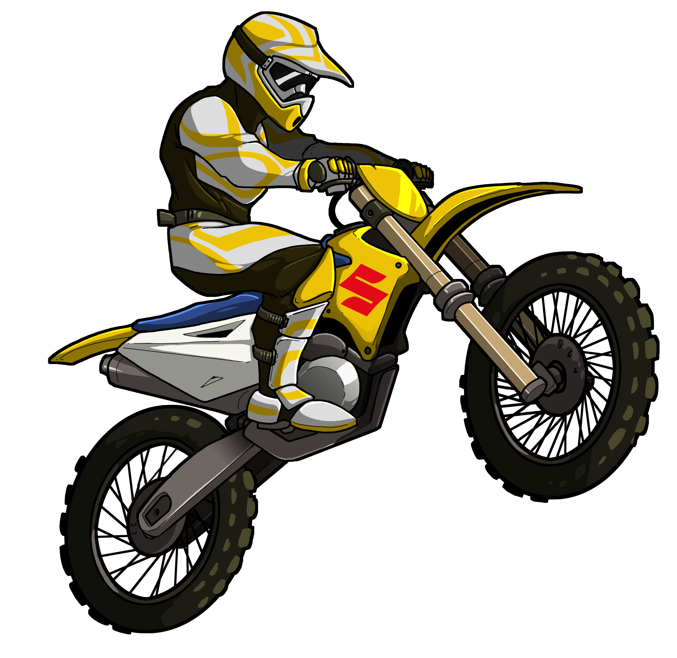 Motocross 桌布 壁紙 — 一名身穿黃白色裝備的車手，騎著帶有紅色Suzuki標誌的黃色越野機車，傾身入彎。