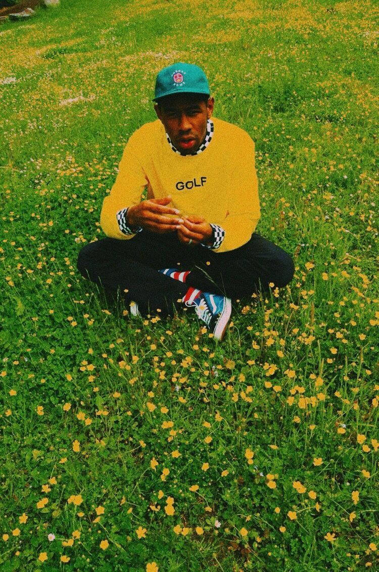 tyler 桌布 壁紙 — 一名身穿黃色「GOLF」毛衣和青綠色帽子的年輕男子，盤腿坐在一片綠草和黃花的田野中。