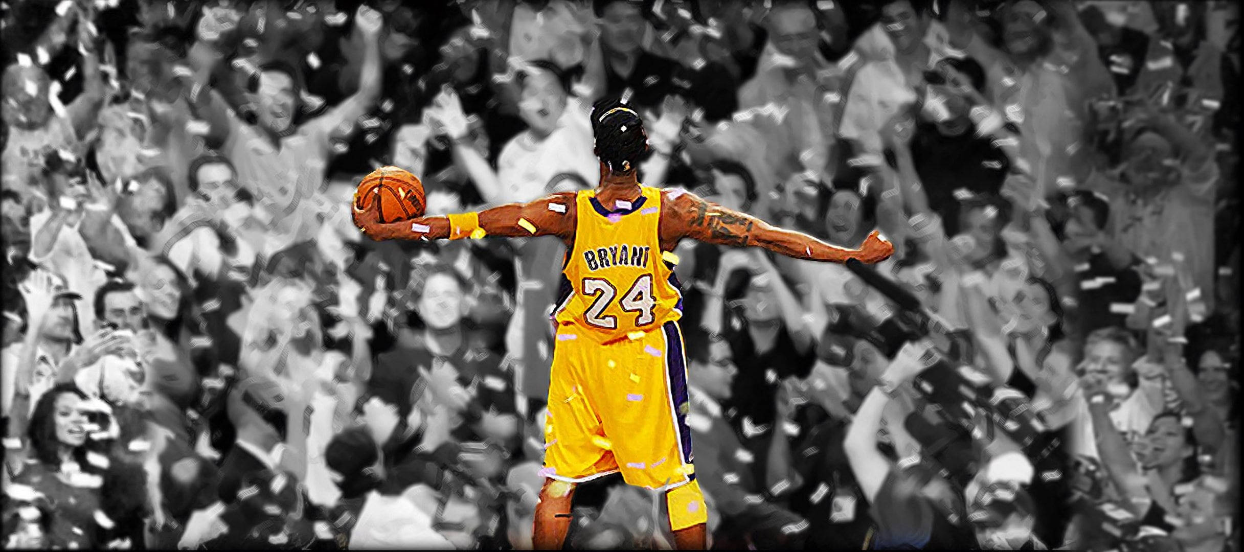 科比· Bryant 桌布 壁紙 — 一名身穿黃色24號球衣的籃球運動員張開雙臂站立，彩色紙屑飄落在歡呼的黑白人群上。