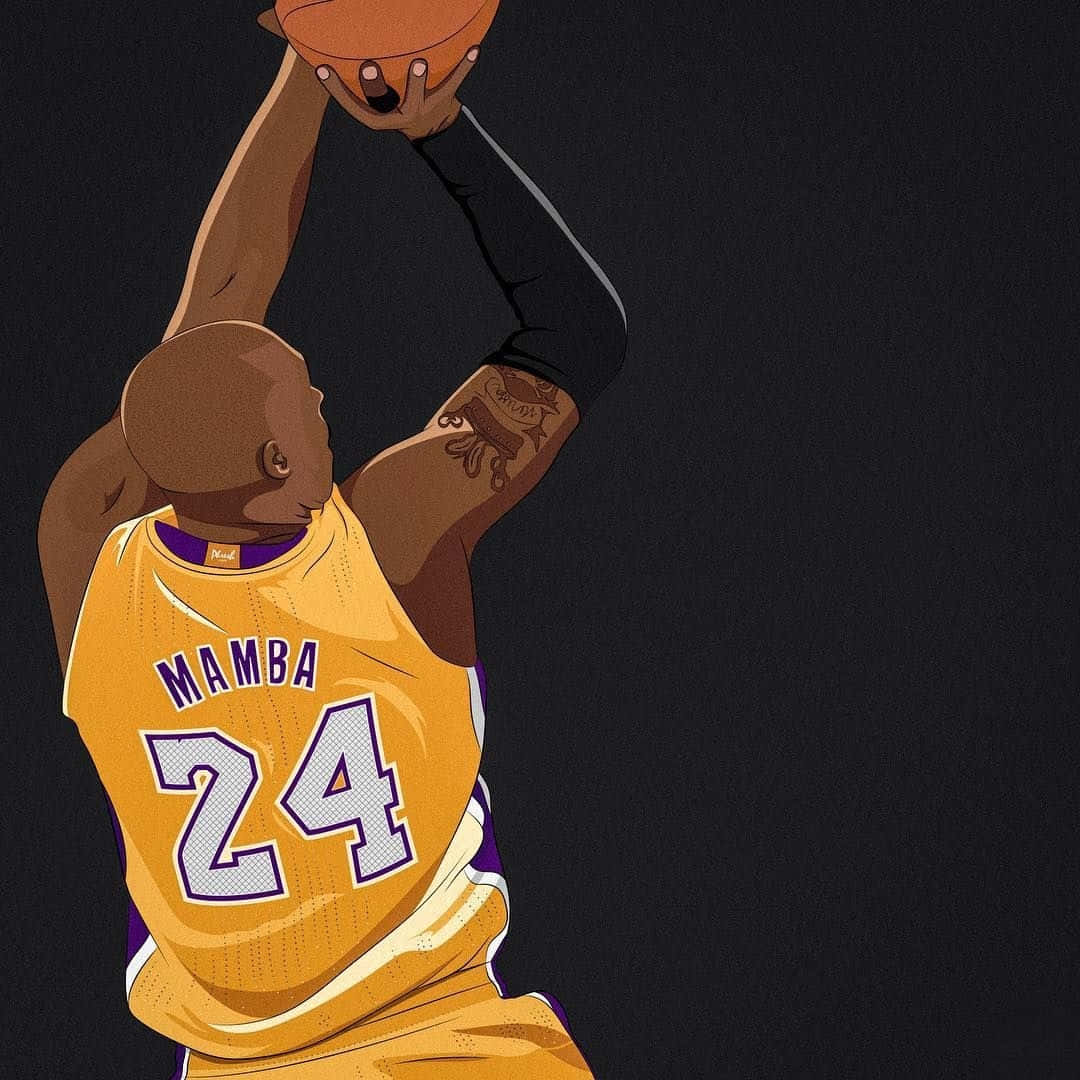 桌布 壁紙 — 一名身穿黃色Mamba 24球衣的籃球運動員在深色背景下投籃。