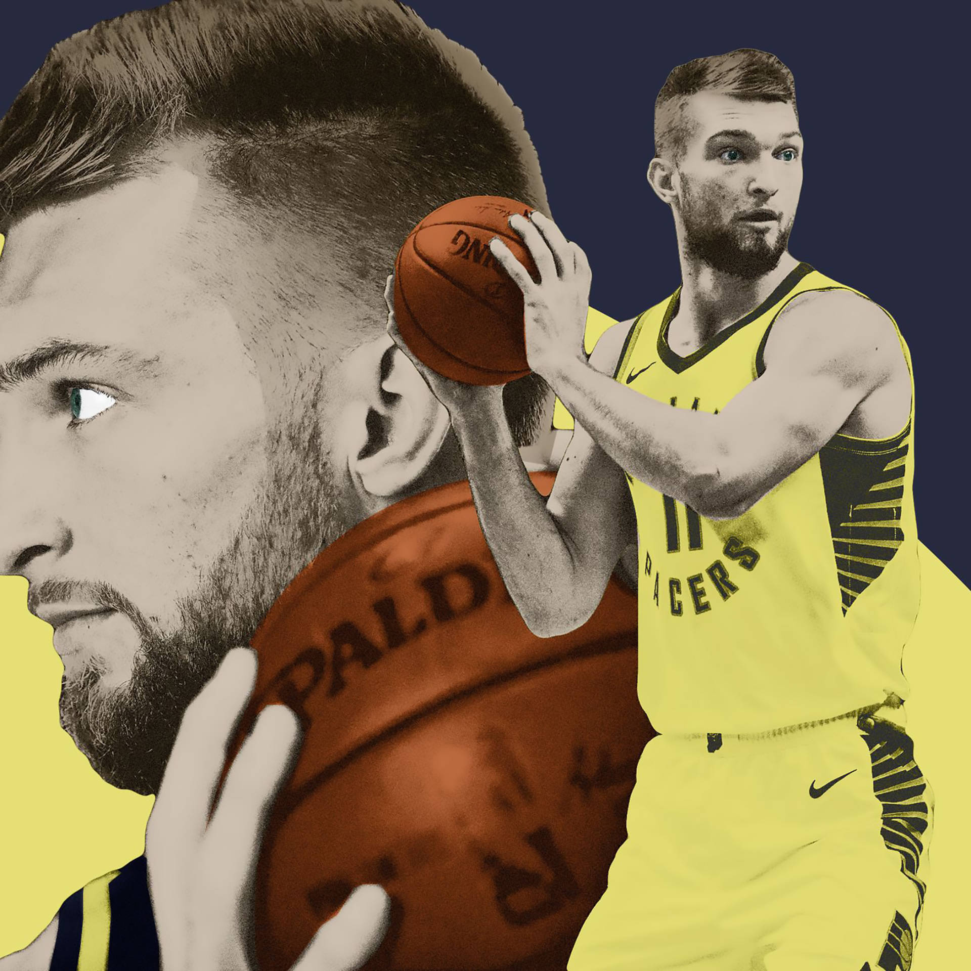 domantas sabonis 桌布 壁紙 — 一名身穿黃色Pacers球衣的籃球運動員，以風格化的分臉肖像疊加層投籃。