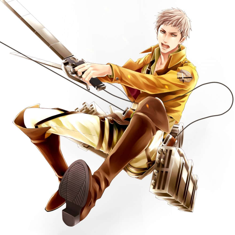 Jean Kirstein 桌布 壁紙 — 一名身穿黃色制服的動畫士兵，在純白色背景前動態地揮舞劍和裝備。