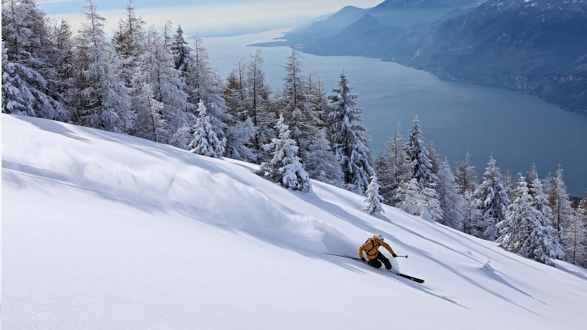 Ski Mountain 桌布 壁紙 — 一名身穿黃色外套的滑雪者在白雪覆蓋的山坡上滑過新鮮的粉雪，山坡上有積雪的松樹和遠處的湖泊。