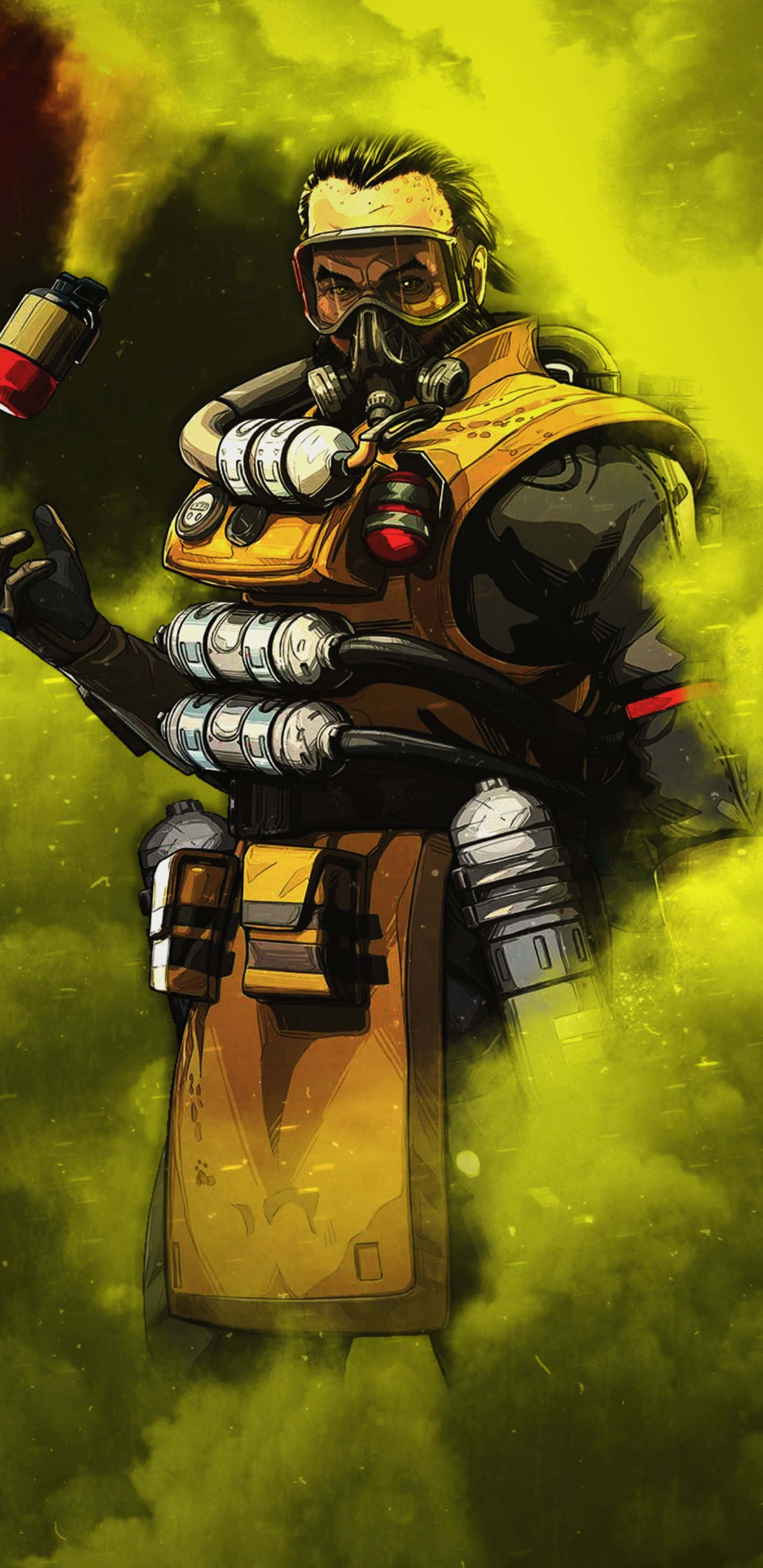 Pixel 3xl Apex Legends 桌布 壁紙 — 一名身穿黃色戰術裝備和防毒面具的重武裝士兵，站在有毒的綠色煙霧中，手持手榴彈。