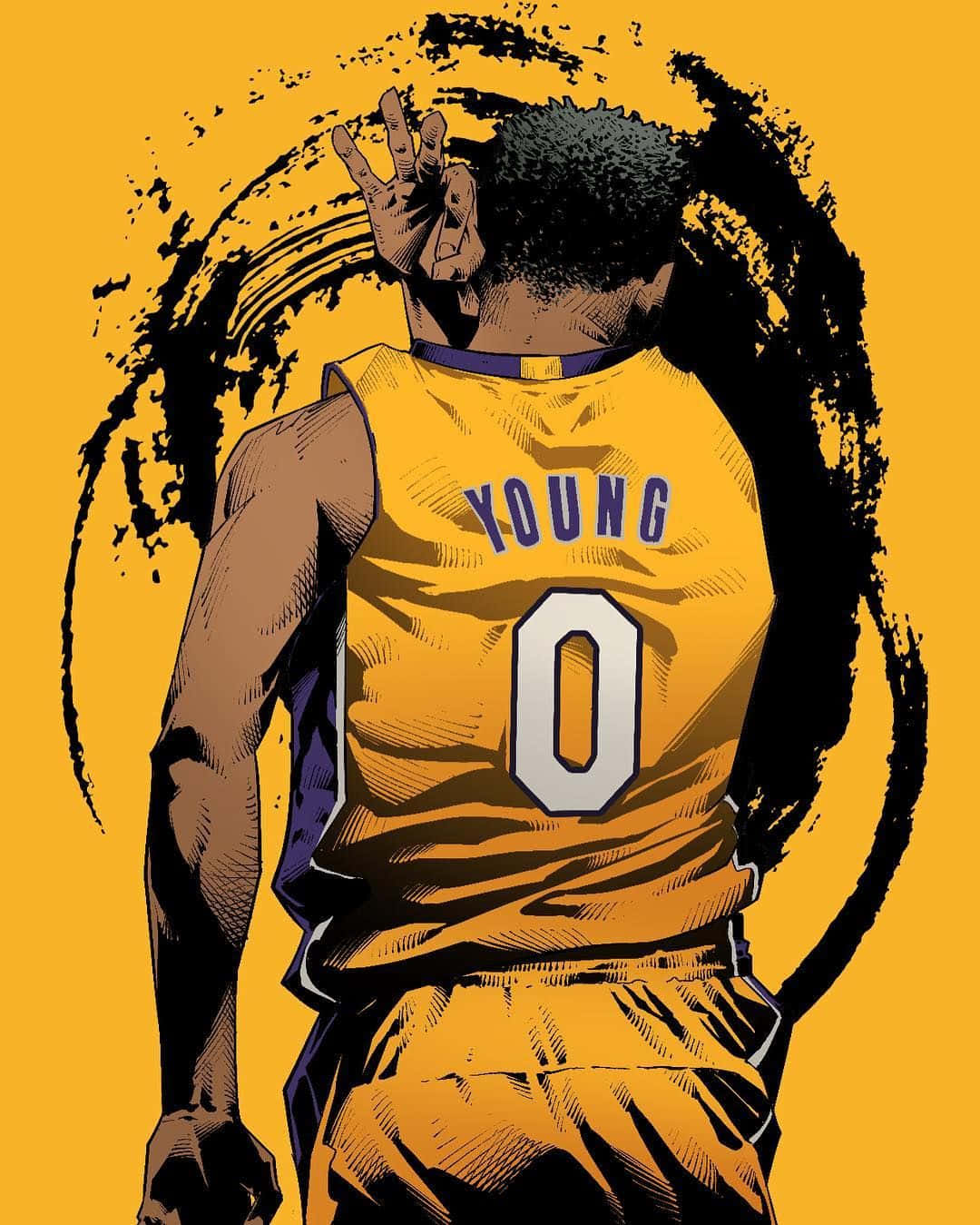 superstar 桌布 壁紙 — 一名身穿黃色球衣、名字為young、號碼為零的籃球運動員背對鏡頭，在搶眼的黃黑潑濺背景前做出手勢。