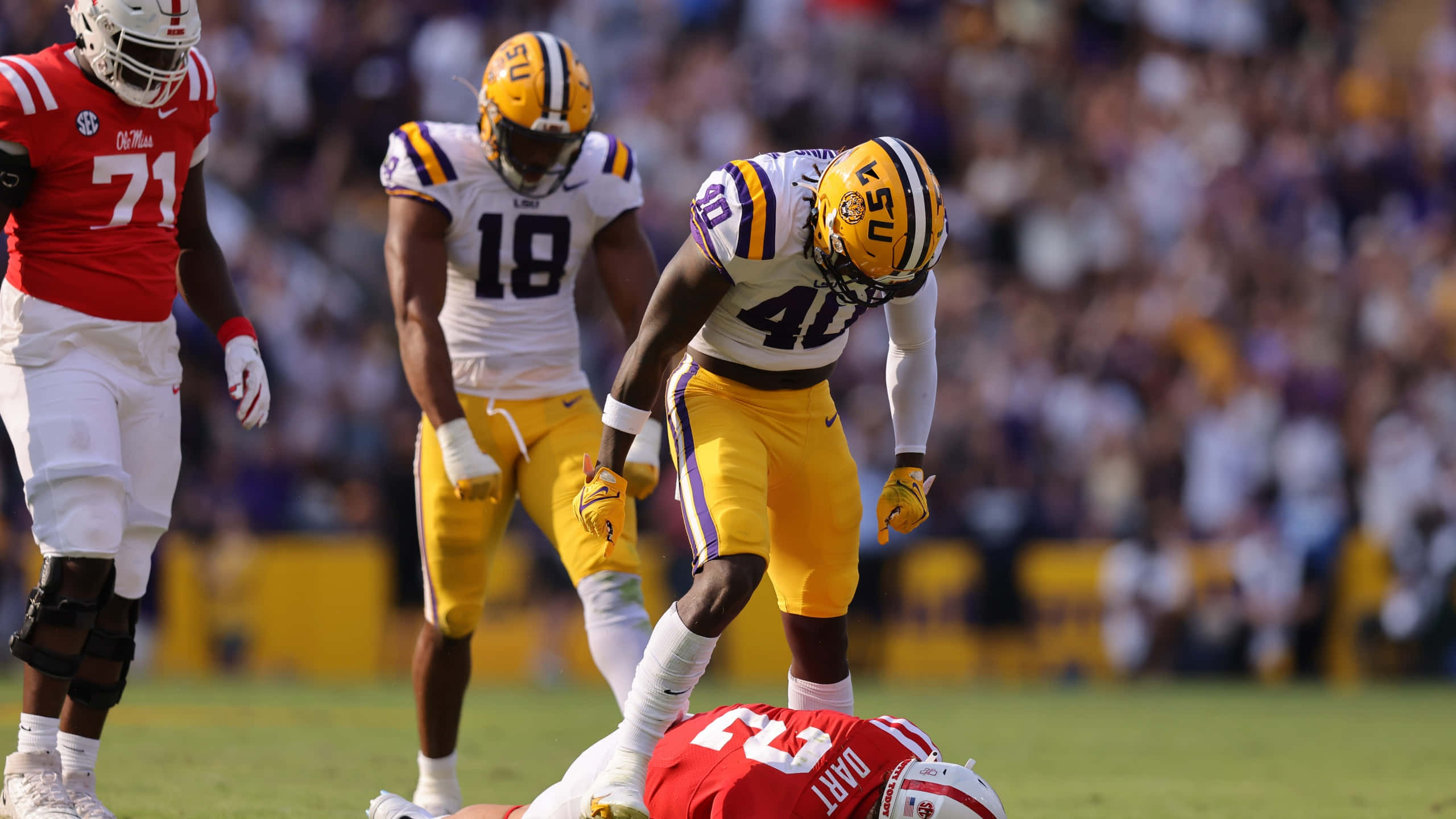 Lsu Football 桌布 壁紙 — 一名身穿黃色球衣的LSU美式足球員在日間比賽中站在倒地的奧萊密斯球員上方，背景有觀眾。
