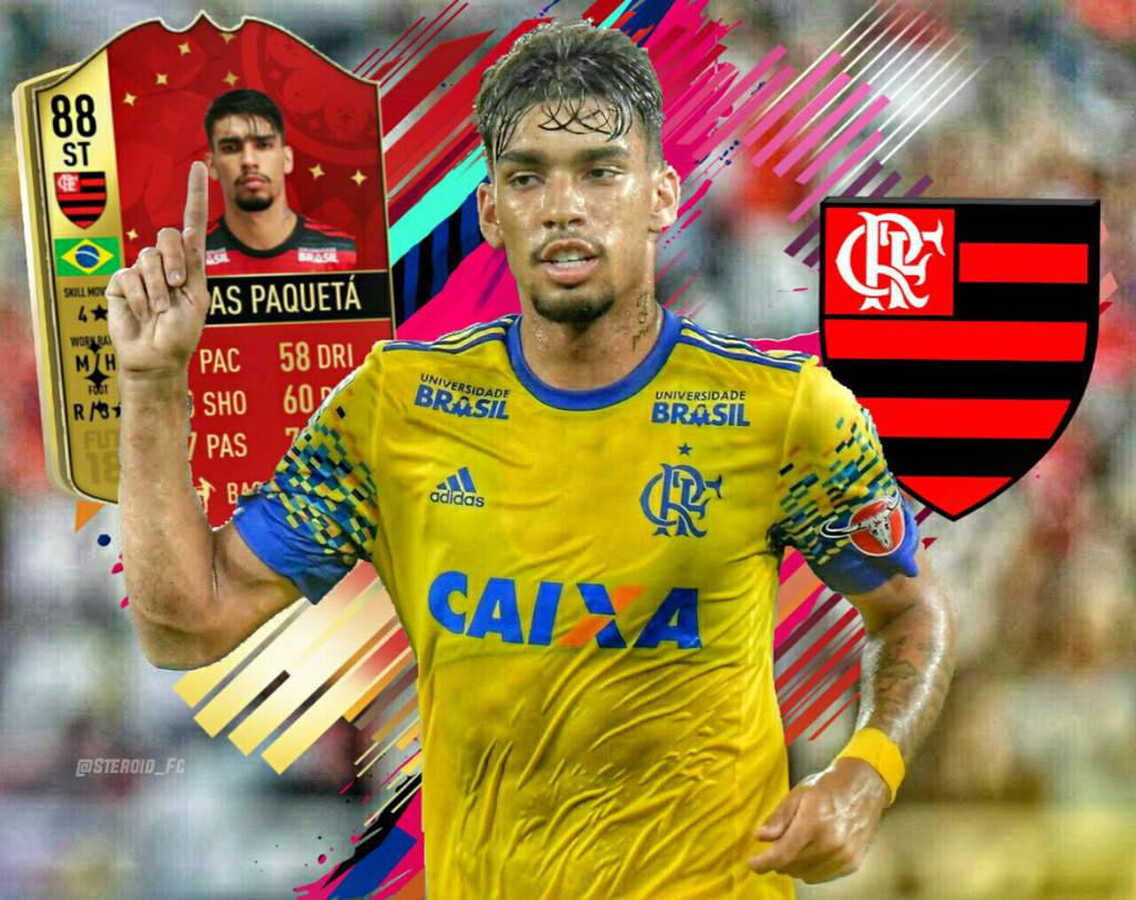足球 桌布 壁紙 — 一名身穿黃色球衣的佛朗明哥足球員，在鮮豔的FIFA Ultimate Team卡和隊徽旁邊向上指。