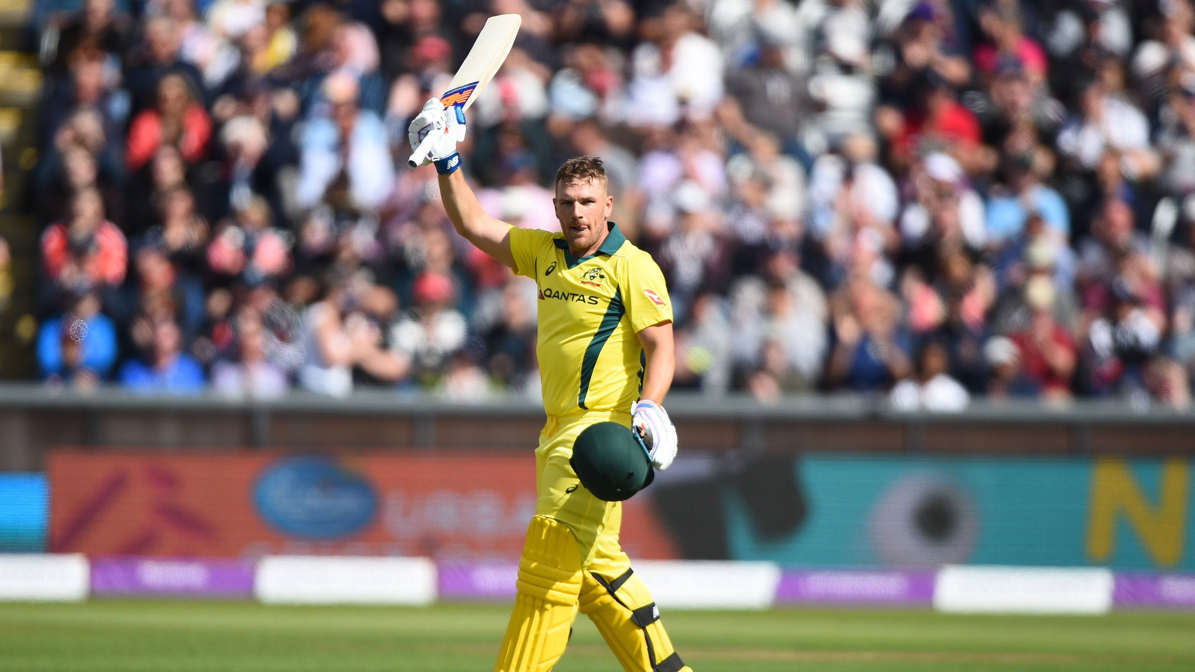 Aaron Finch 桌布 壁紙 — 一名身穿黃色球衣的澳洲板球運動員在座無虛席的球場上，向歡呼的球迷高舉球棒，慶祝勝利。