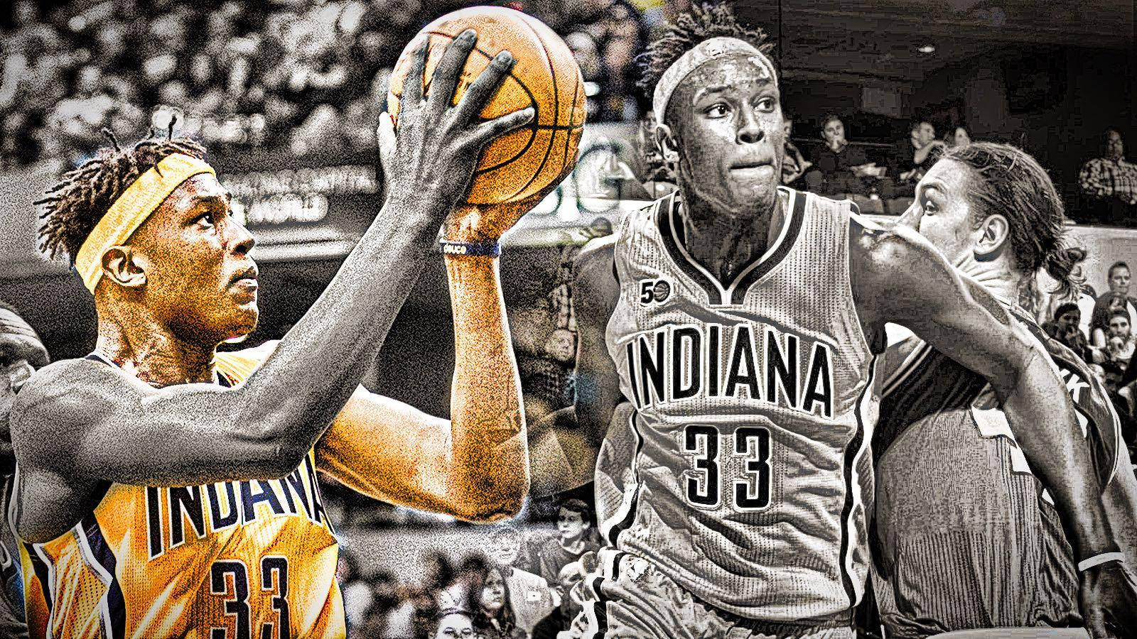 myles turner 桌布 壁紙 — 一名身穿黃色球衣的籃球運動員在兩名印第安納溜馬球員防守下投籃，呈現高對比度的動作畫面。