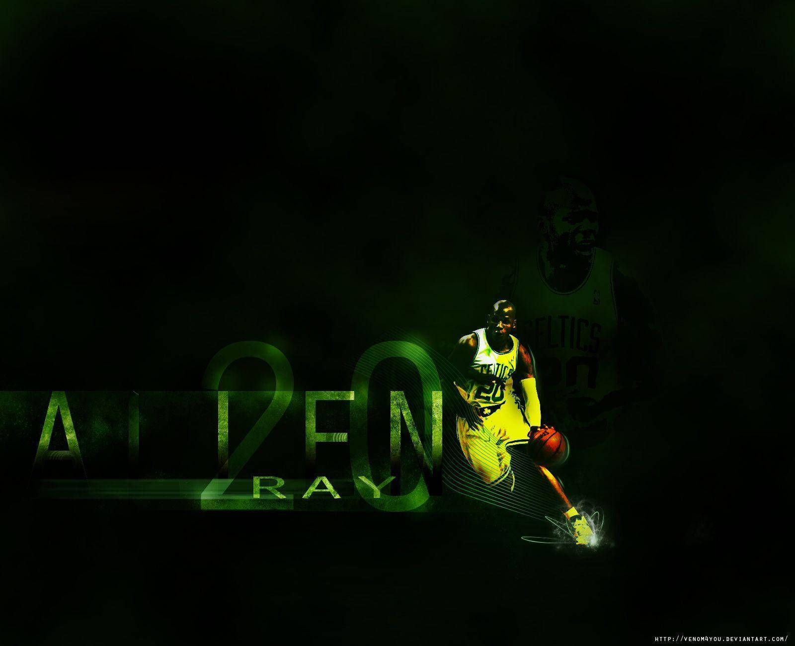 Ray Allen 桌布 壁紙 — 一名身穿黃色球衣的籃球運動員在深綠色背景上運球，背景有發光的綠色文字。