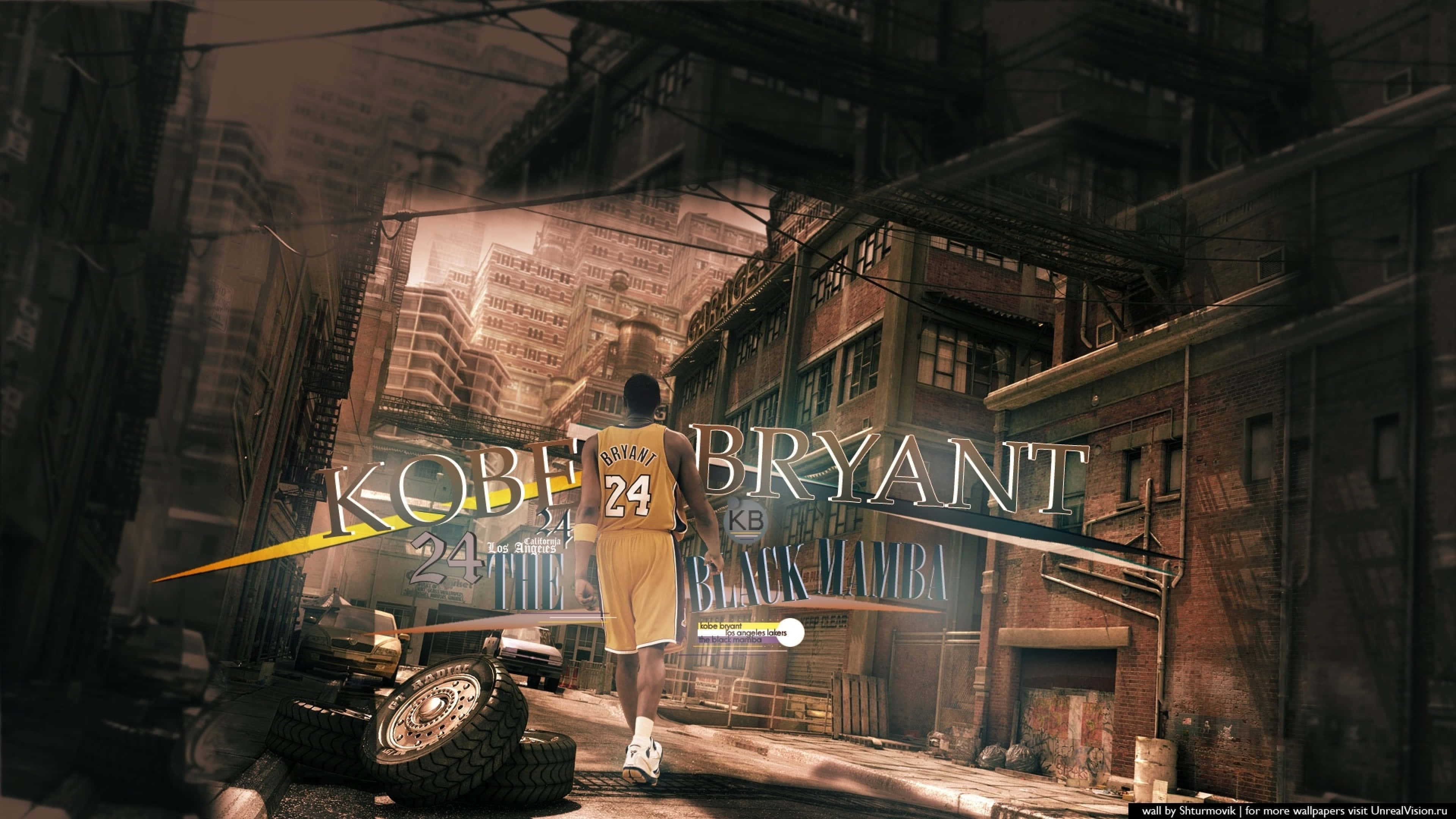 科比· Bryant 桌布 壁紙 — 一名身穿黃色球衣的籃球運動員穿過一條粗糙的城市小巷，兩旁是高聳的磚砌建築和戲劇性的燈光。