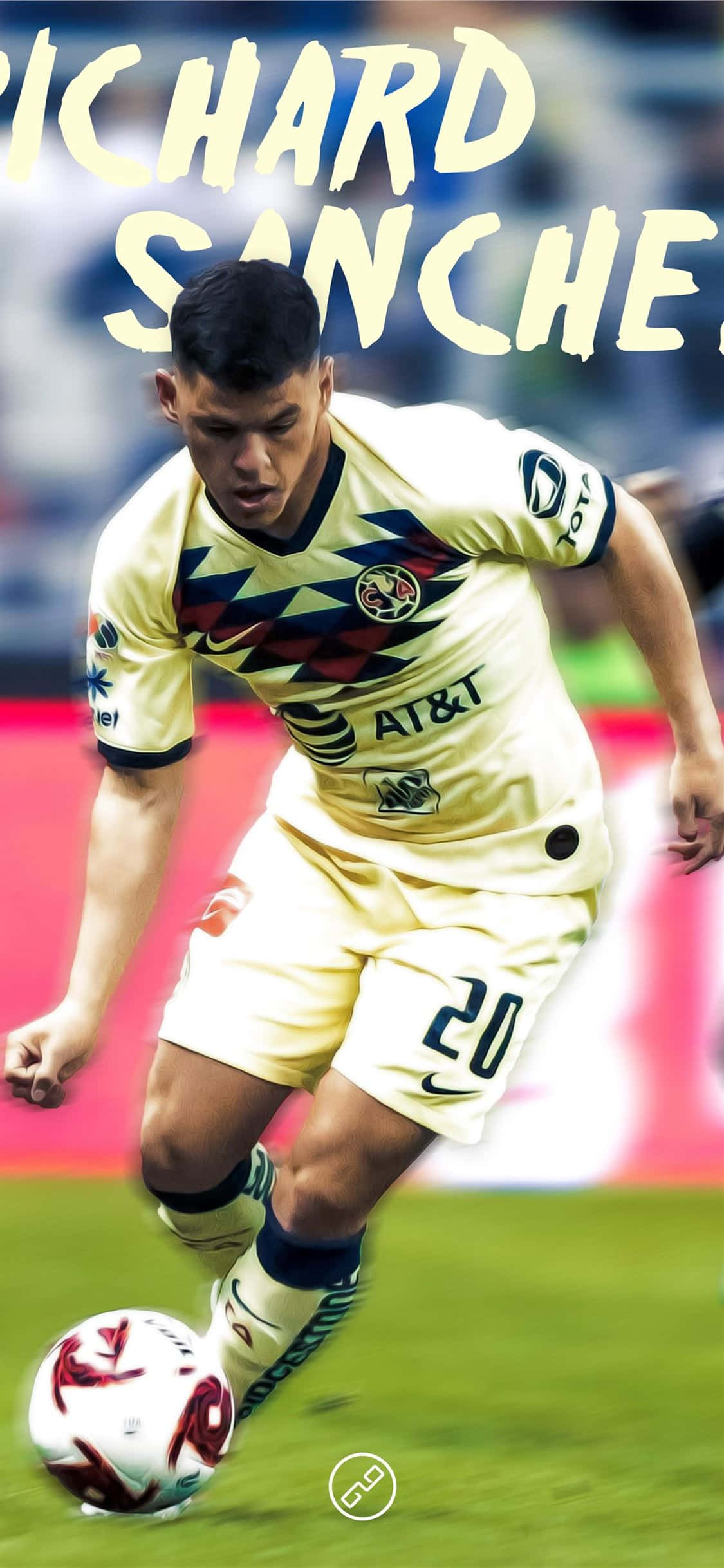 Club America 桌布 壁紙 — 一名身穿黃色球衣的足球運動員在明亮的體育場燈光下，在充滿活力的綠色球場上運球。