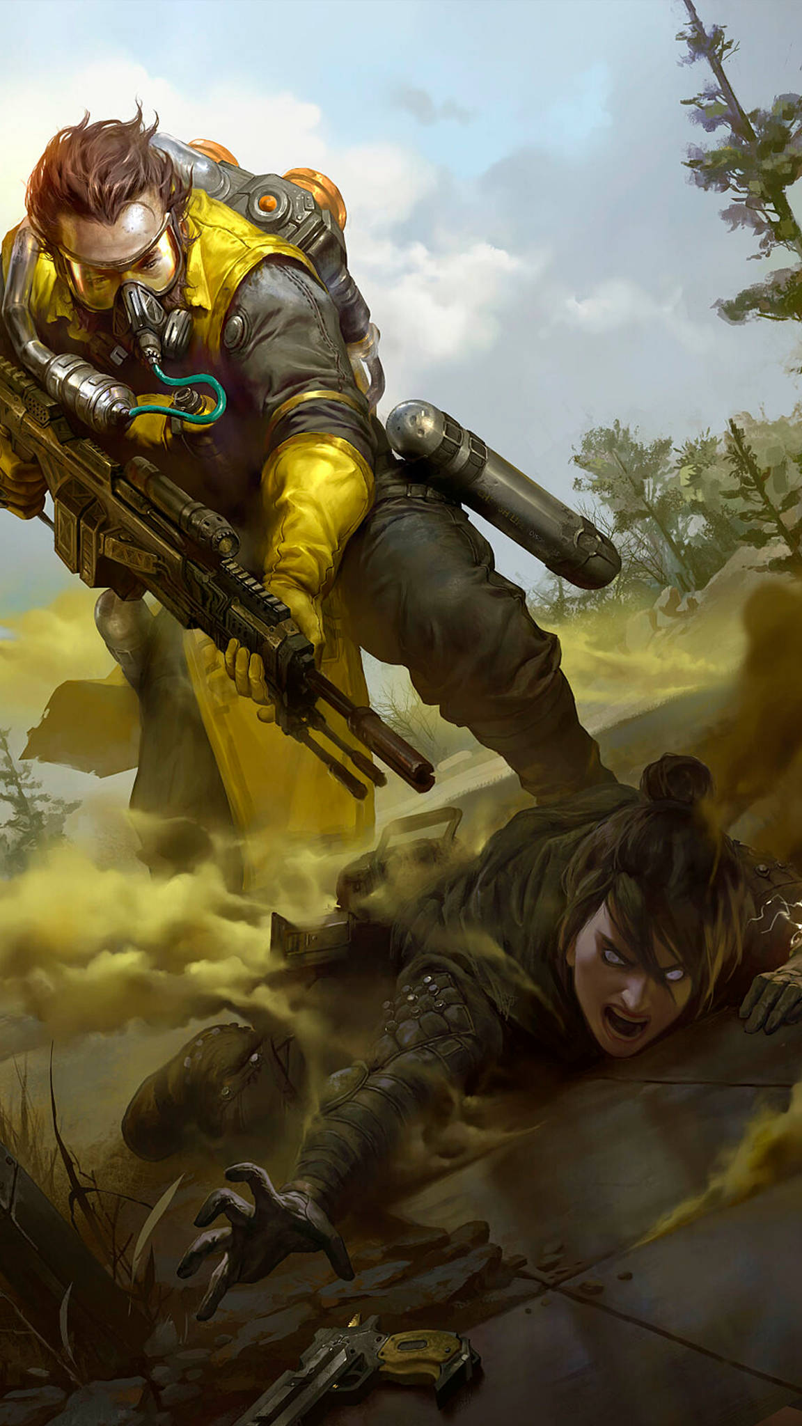 Legends 桌布 壁紙 — 一名身穿黃色盔甲的士兵在塵土飛揚、樹木和煙霧瀰漫的戰場上跳過倒下的戰友。