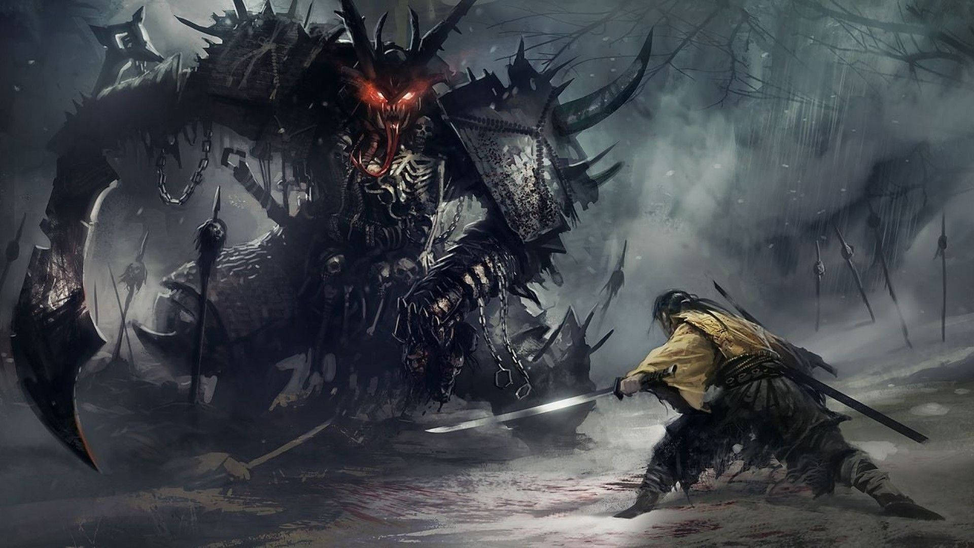 Samurai Art 桌布 壁紙 — 一名身穿黃色盔甲的孤獨戰士在迷霧戰場上斬向一隻眼睛發光的巨大惡魔野獸。
