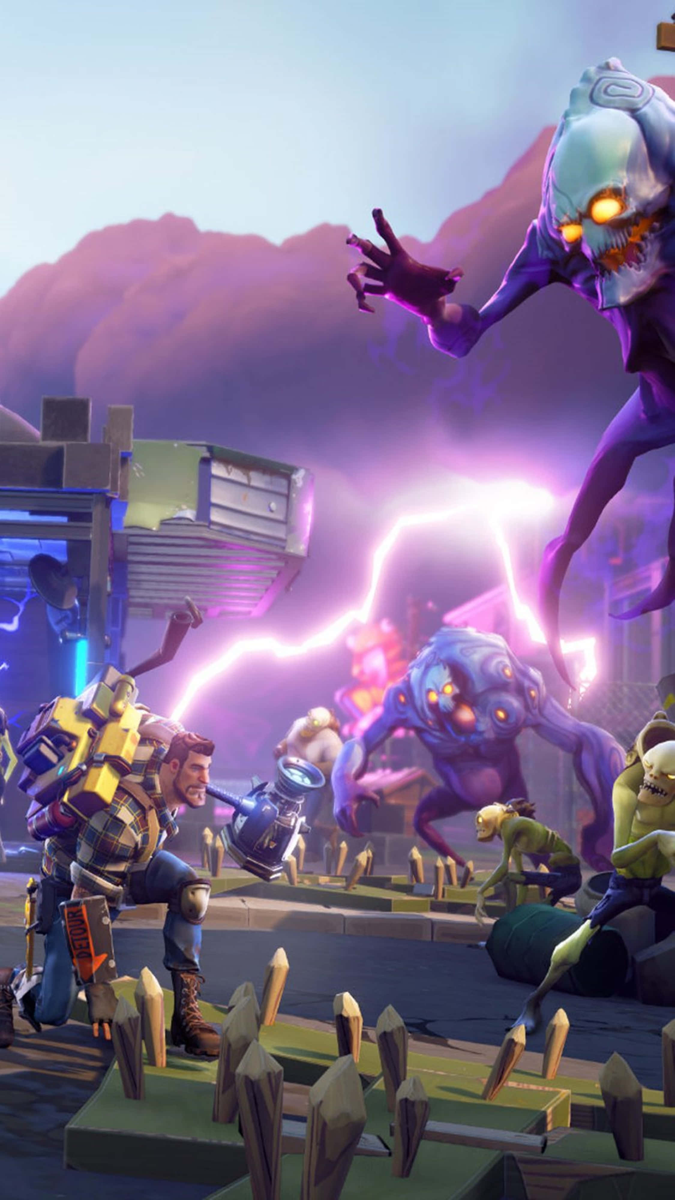 Fortnite 桌布 壁紙 — 一名身穿黃色盔甲的戰士，在黃昏天空下的廢墟城市景觀中，與發光的紫色怪物戰鬥。